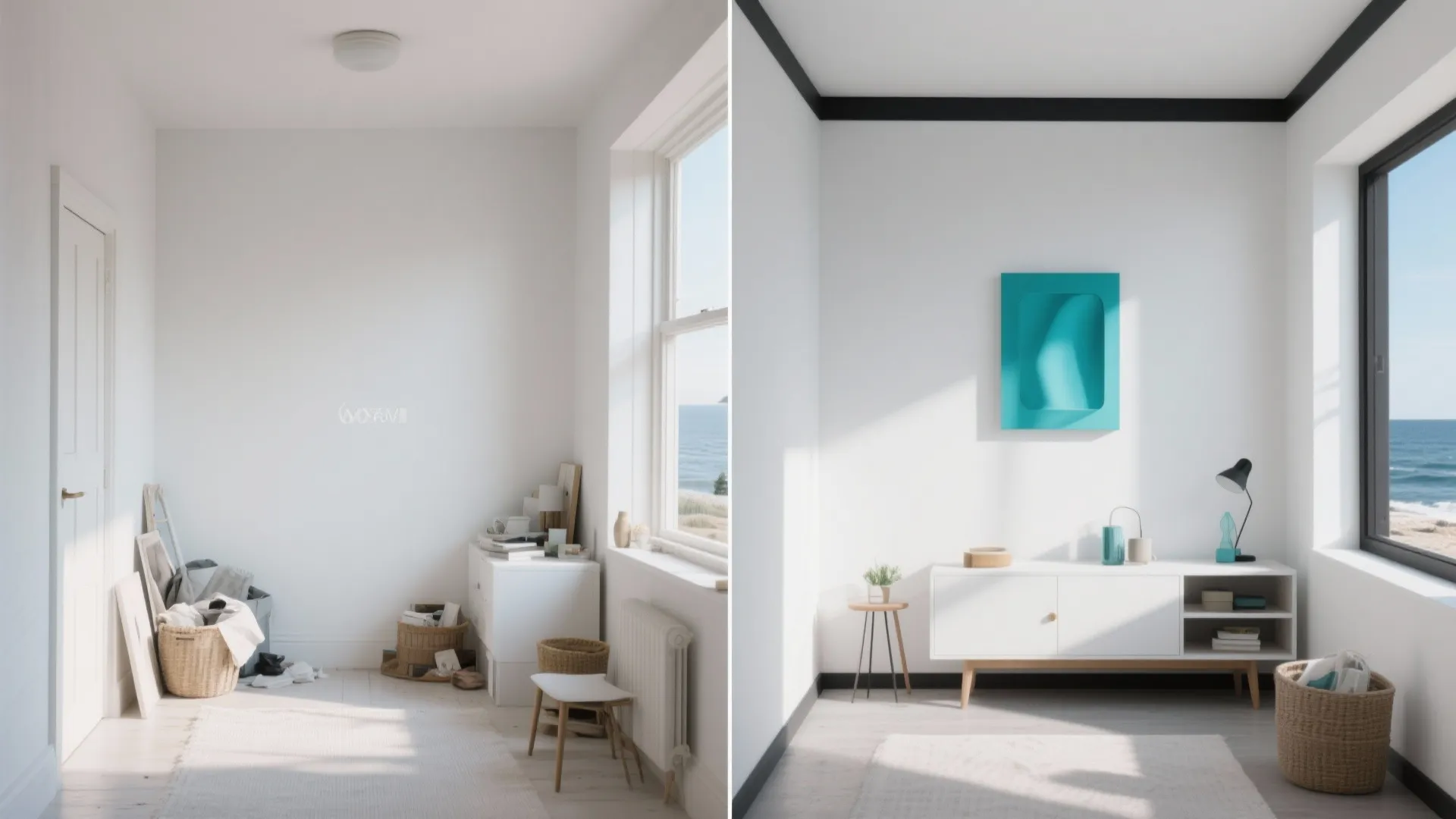 Before-and-after split of a small coastal room showing bright whites with charcoal trims and a turquoise accent.