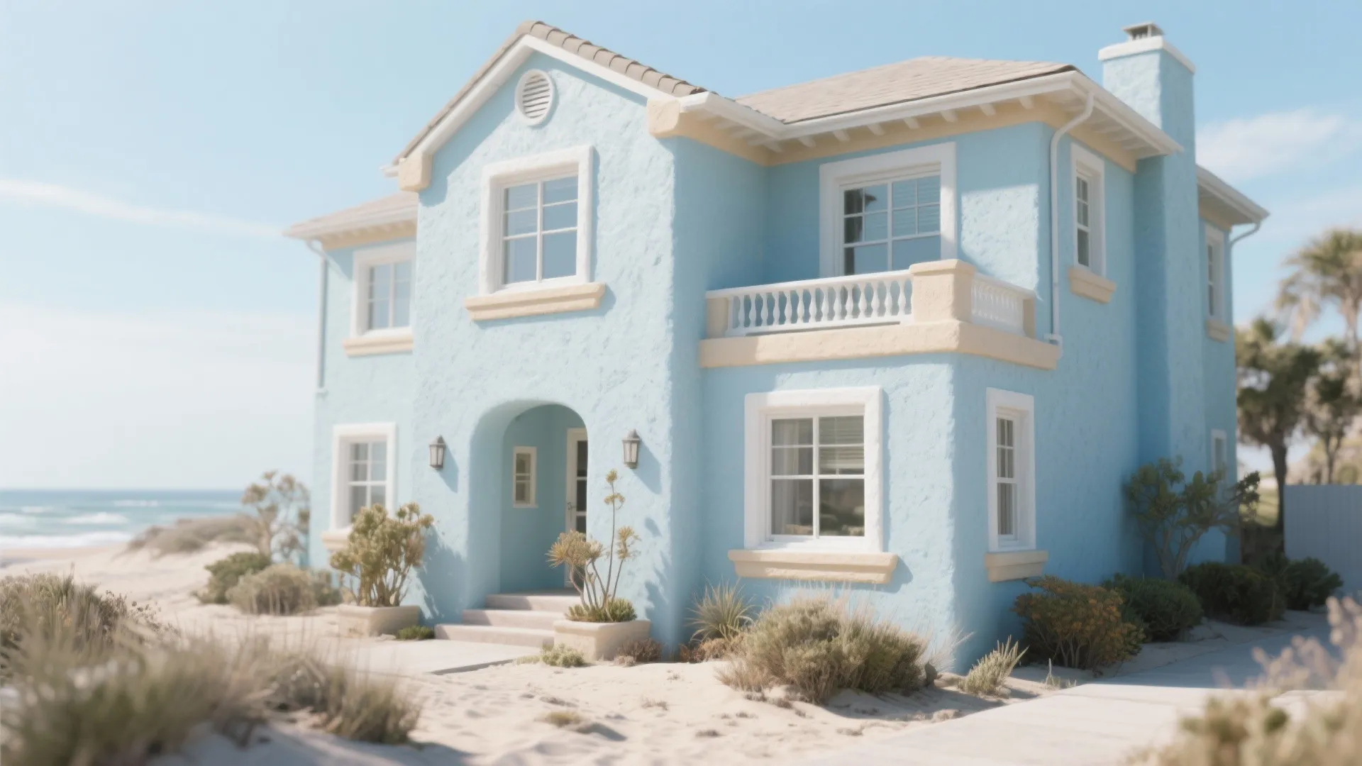Light blue beach house with white window frames balcony small green plants and sandy ocean shore