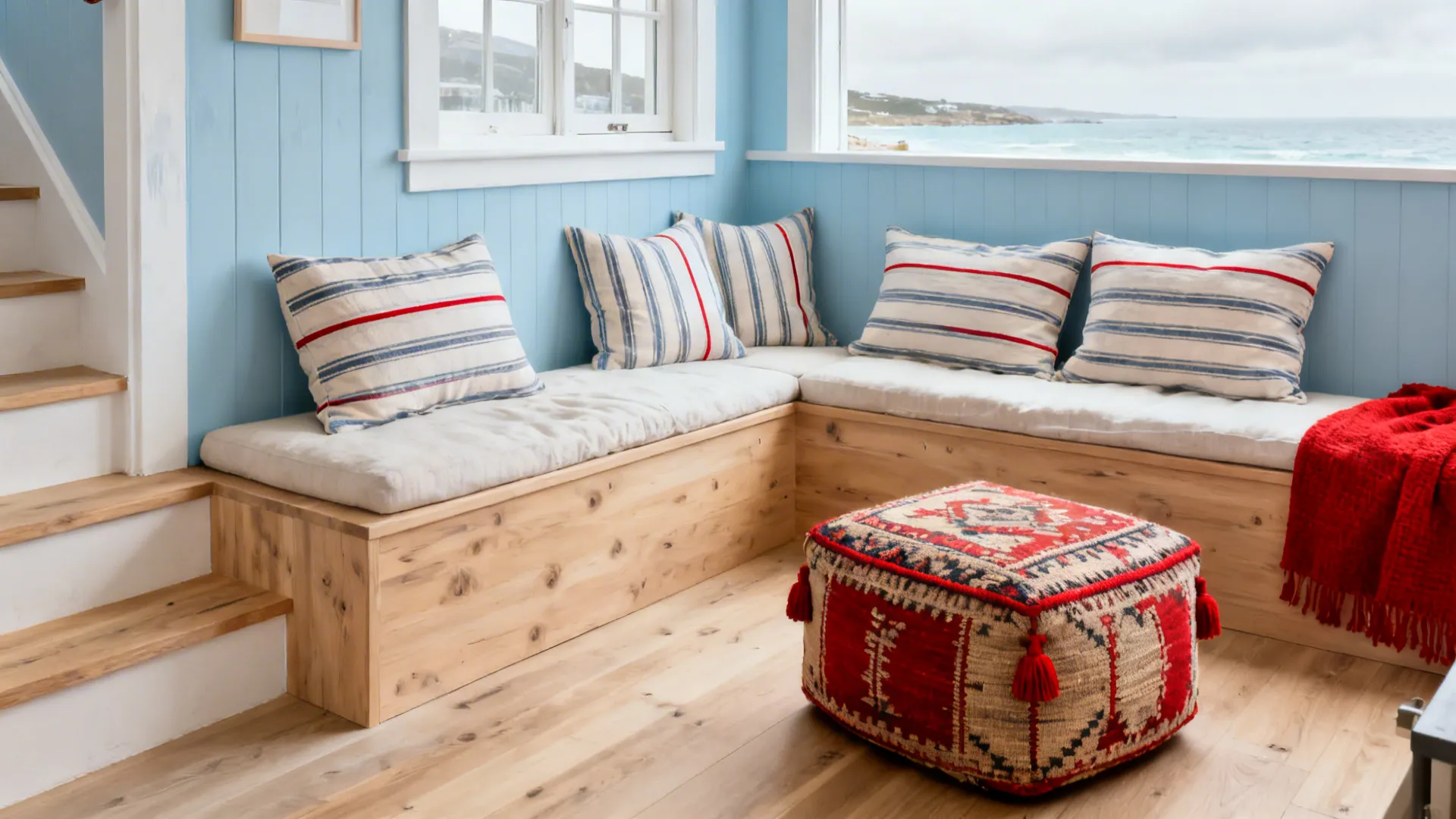 Light coastal living room with powder blue walls and a subtle crimson thread in textiles.