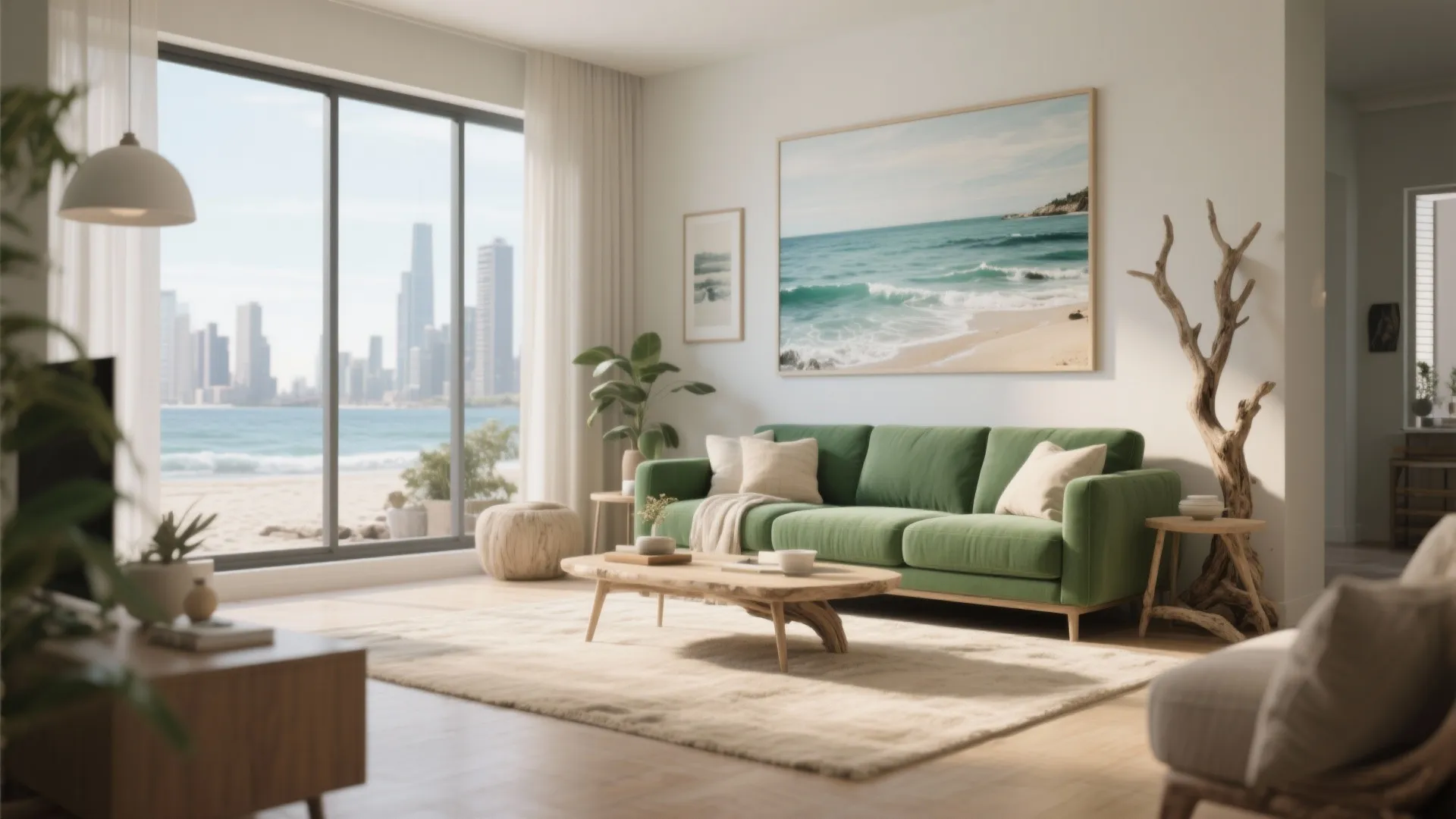 Bright coastal living room featuring green sofa beach wall art and city view through windows