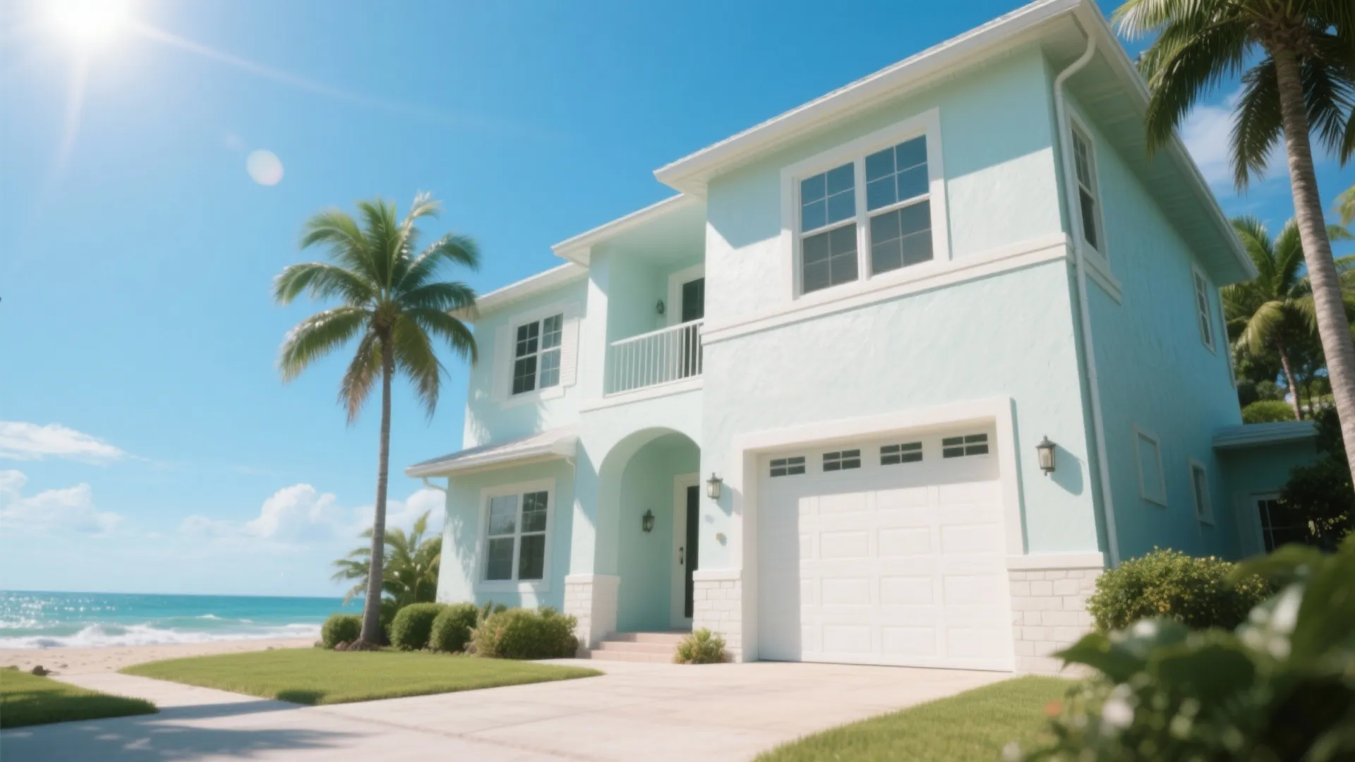 Light blue two story coastal house with white garage door palm trees and ocean view
