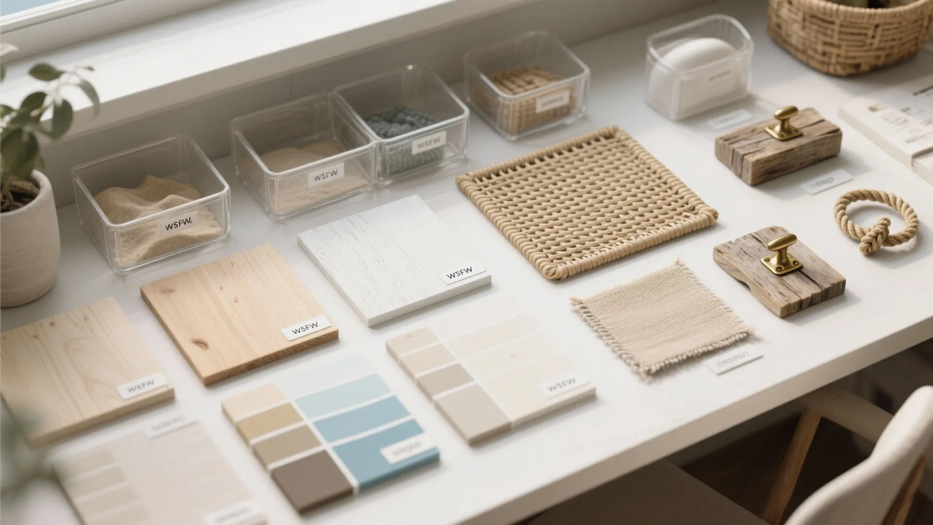 Interior design materials on white table showing wood samples color palettes fabric and woven textures
