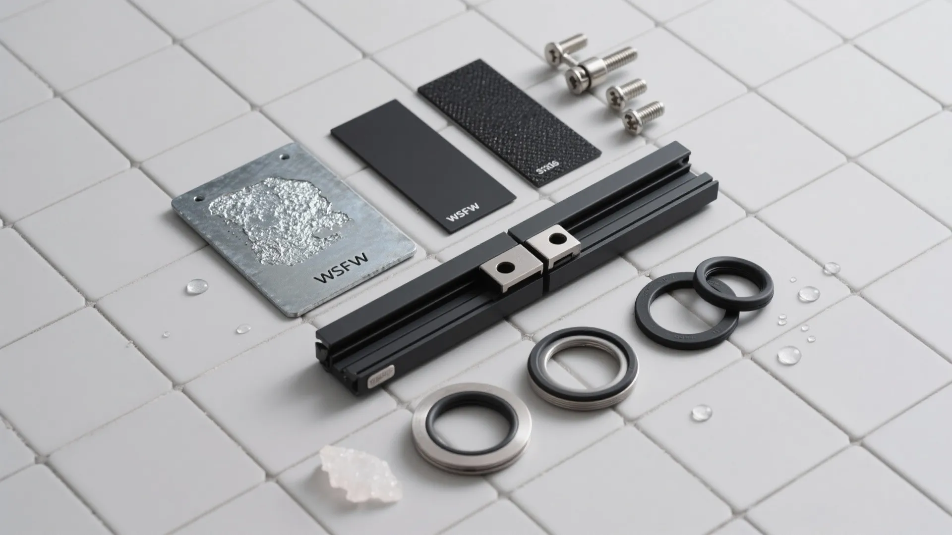 Collection of window hardware parts including metal plates black rails screws and rings on tiles