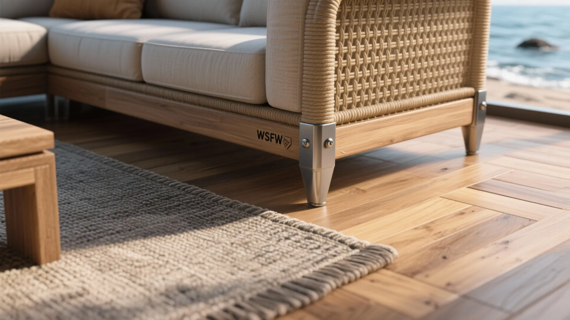 Close-up of sealed oak flooring, marine-grade upholstery and powder-coated metal hardware used in oceanfront suites