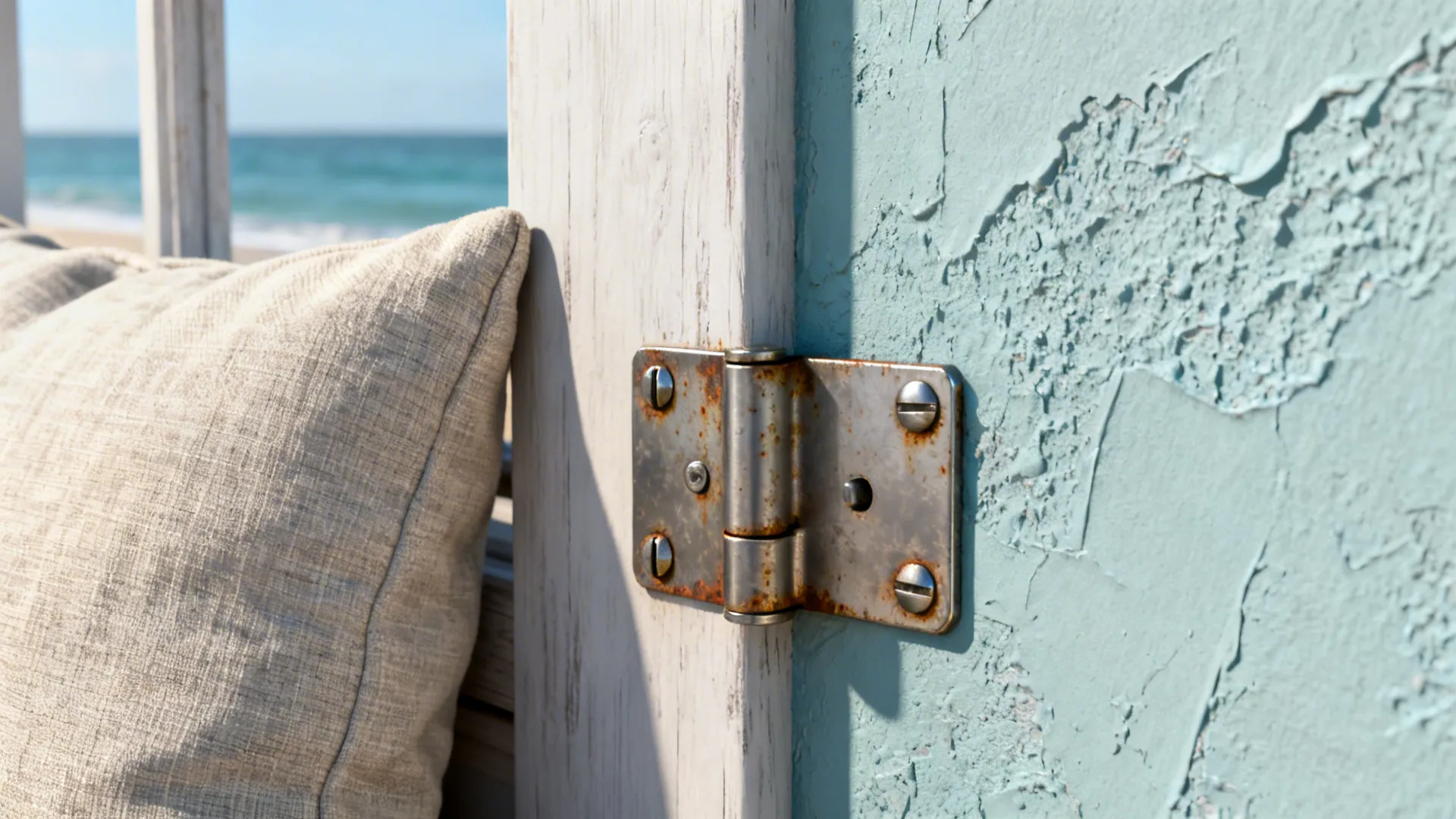 Close-up of moisture-resistant paint, washable linen slipcover and rust-resistant hardware.
