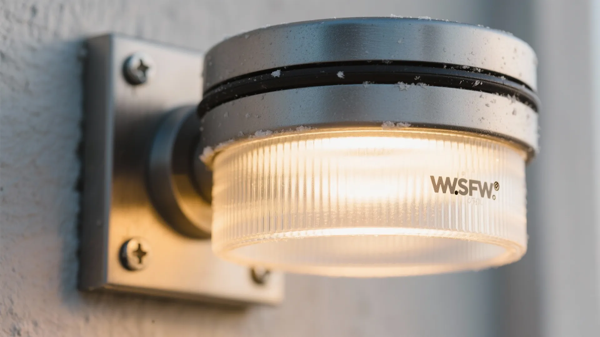 Modern silver wall light mounted on outdoor wall with warm glow and tiny white snow