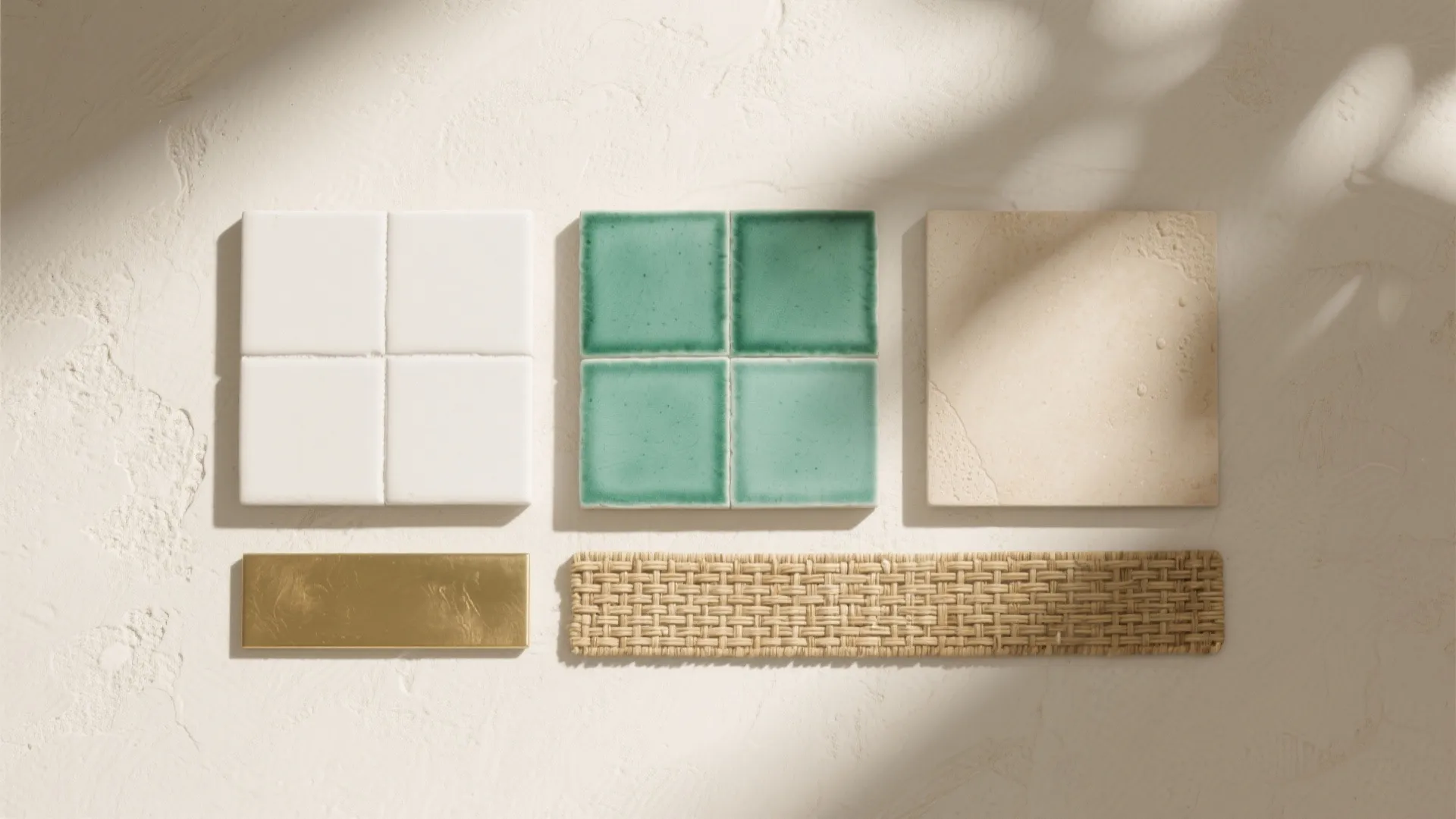 White tiles green tiles beige stone gold strip and woven rattan on a textured surface