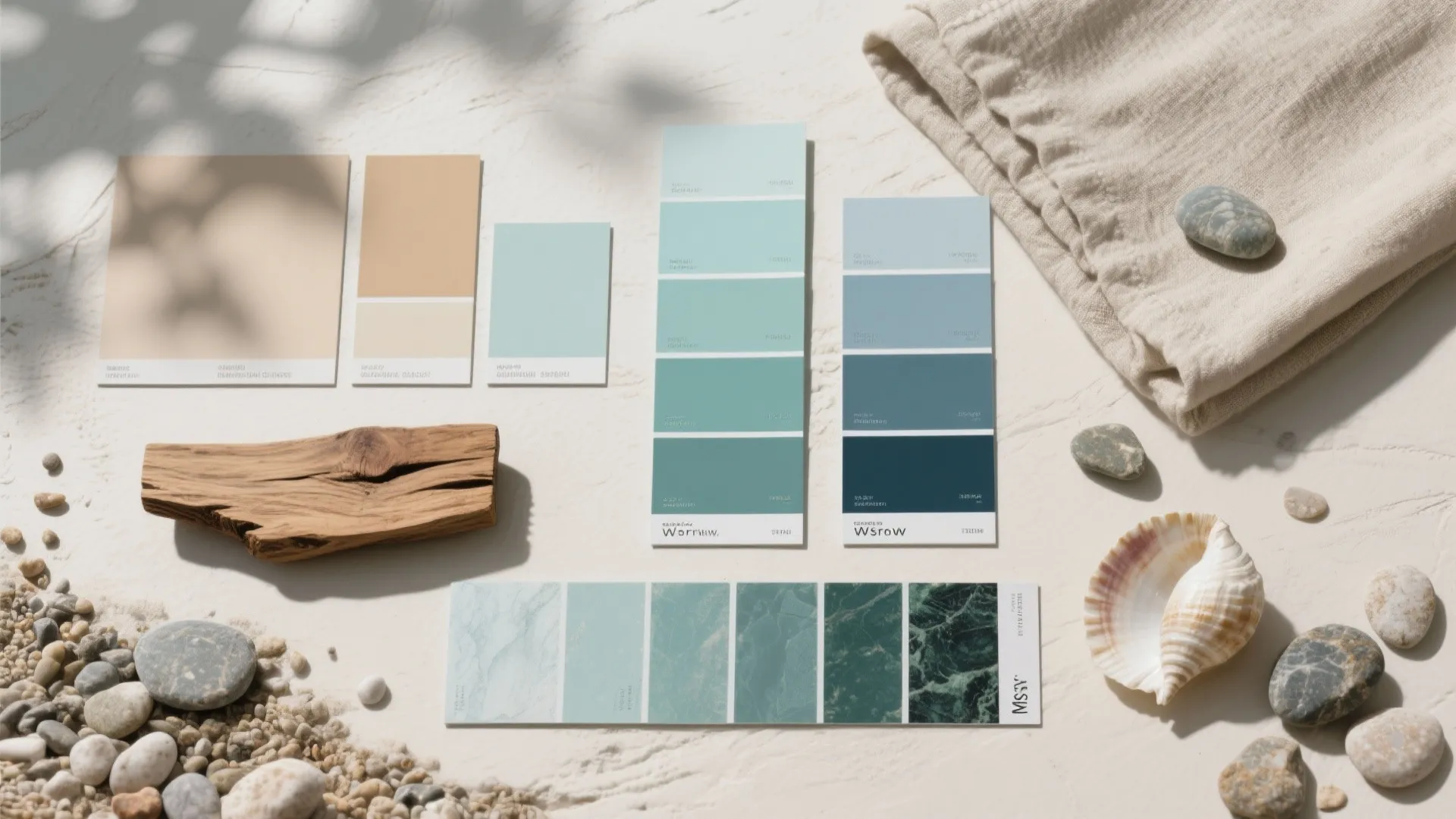 Interior design color palette cards with blue and beige tones surrounded by stones and shell