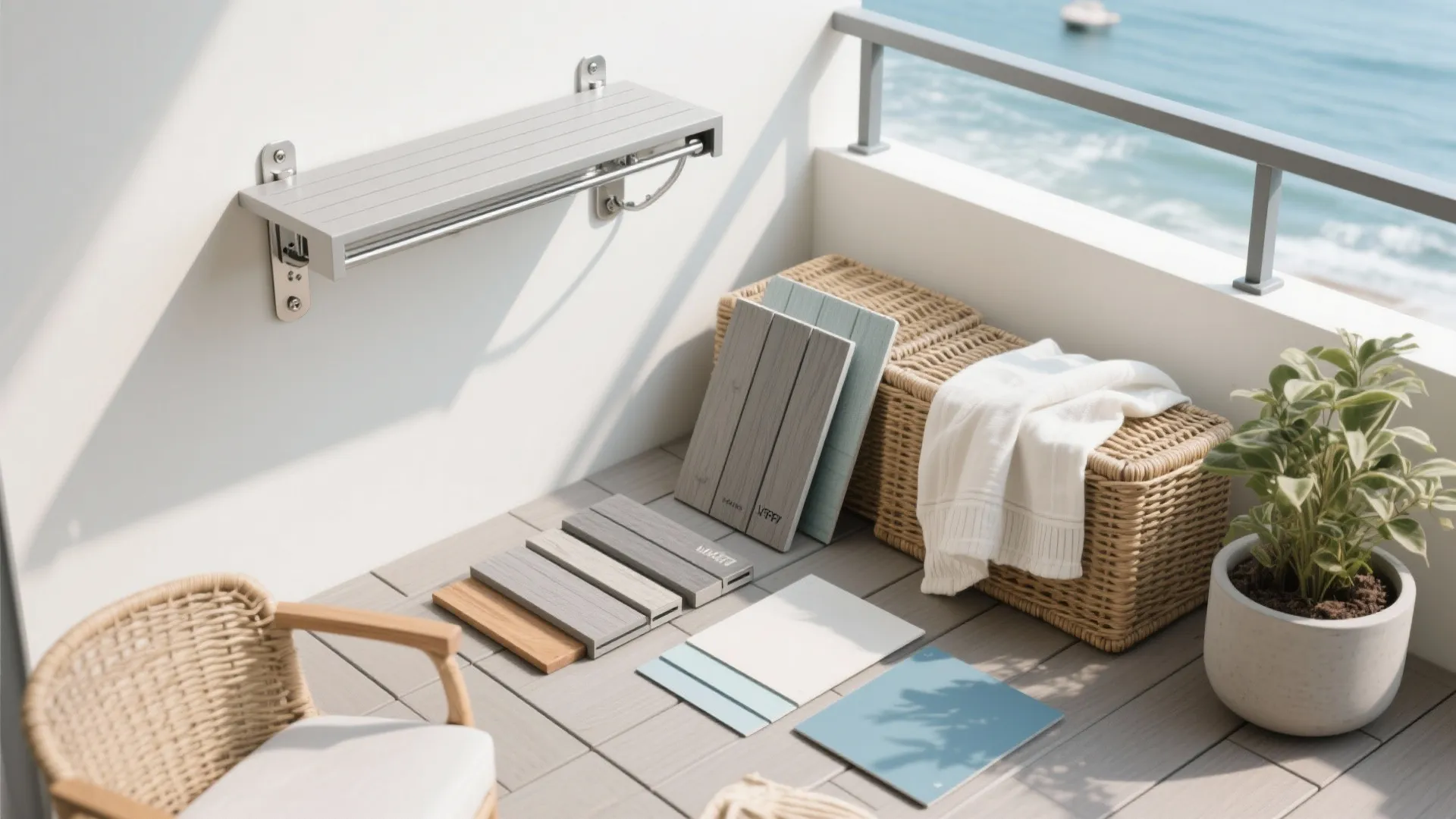 Balcony floor showing material samples, wicker basket with towel, potted plant, and wall mounted shelf