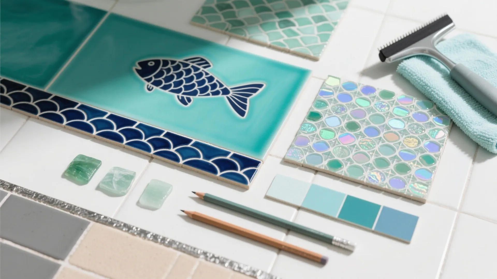 Flat lay of coastal bathroom materials: fish-scale tiles, glass mosaic, porcelain floor tile, grout, trim, and paint chips.