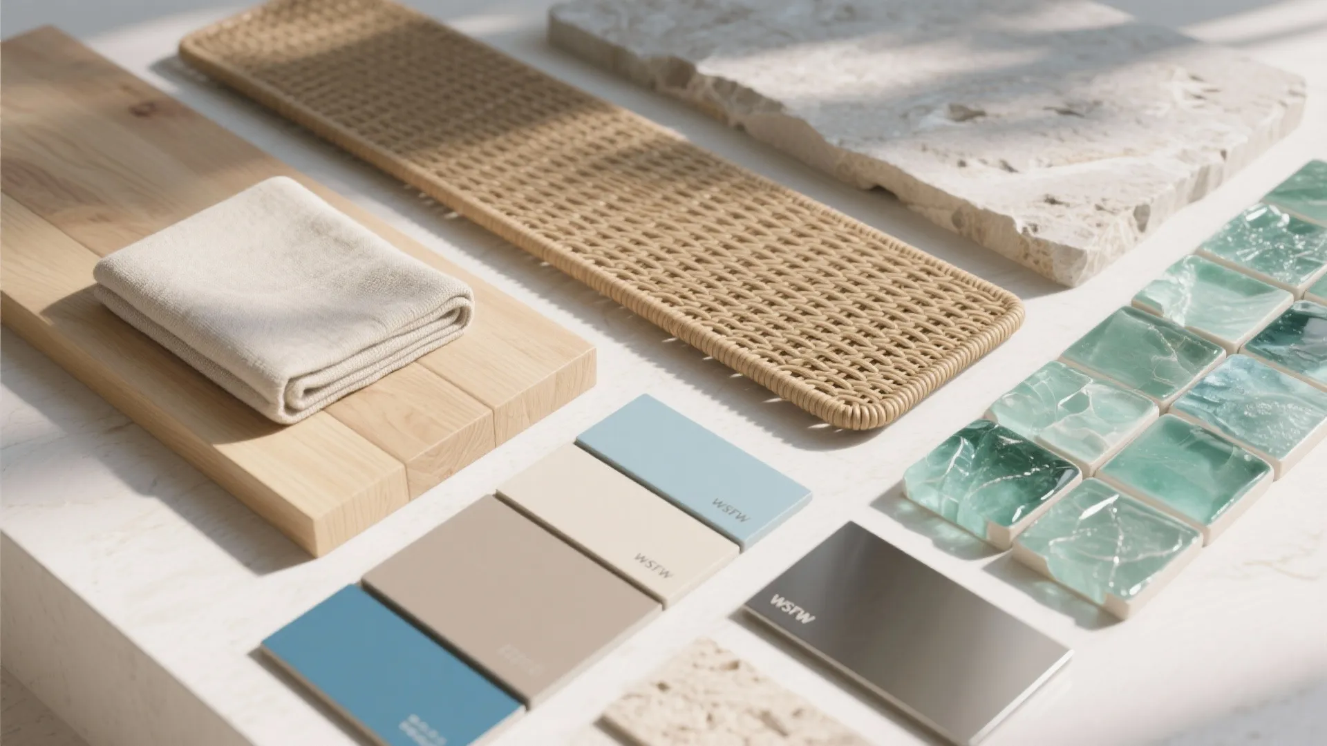Coastal mood board with blue tiles wood samples beige fabric woven mat and textured stone pieces