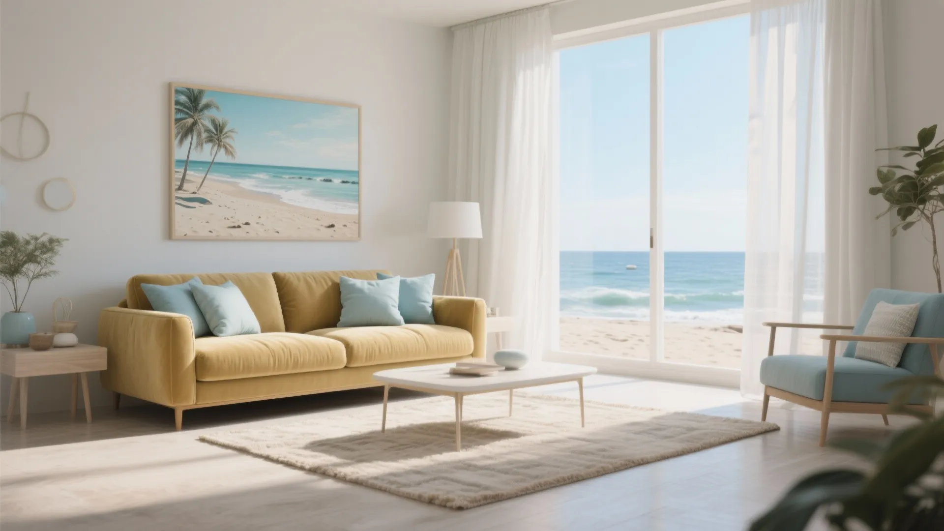 Coastal living room with yellow sofa, blue chair, beach wall art, and large glass windows
