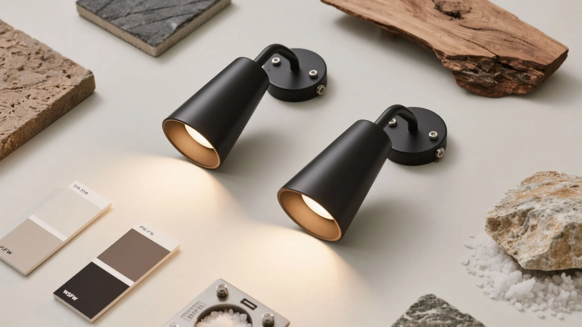 Flat lay of coastal-grade up down sconces with 316 stainless hardware and matte finishes on material samples.