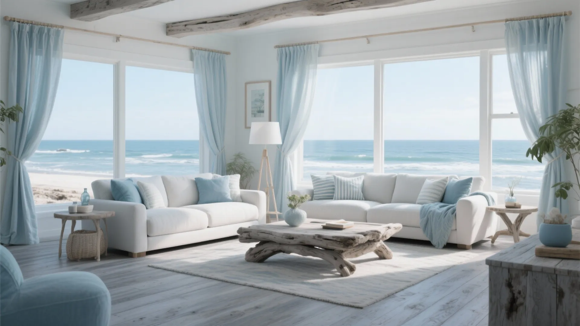 Coastal living room with white sofas blue curtains wooden coffee table and blue ocean views
