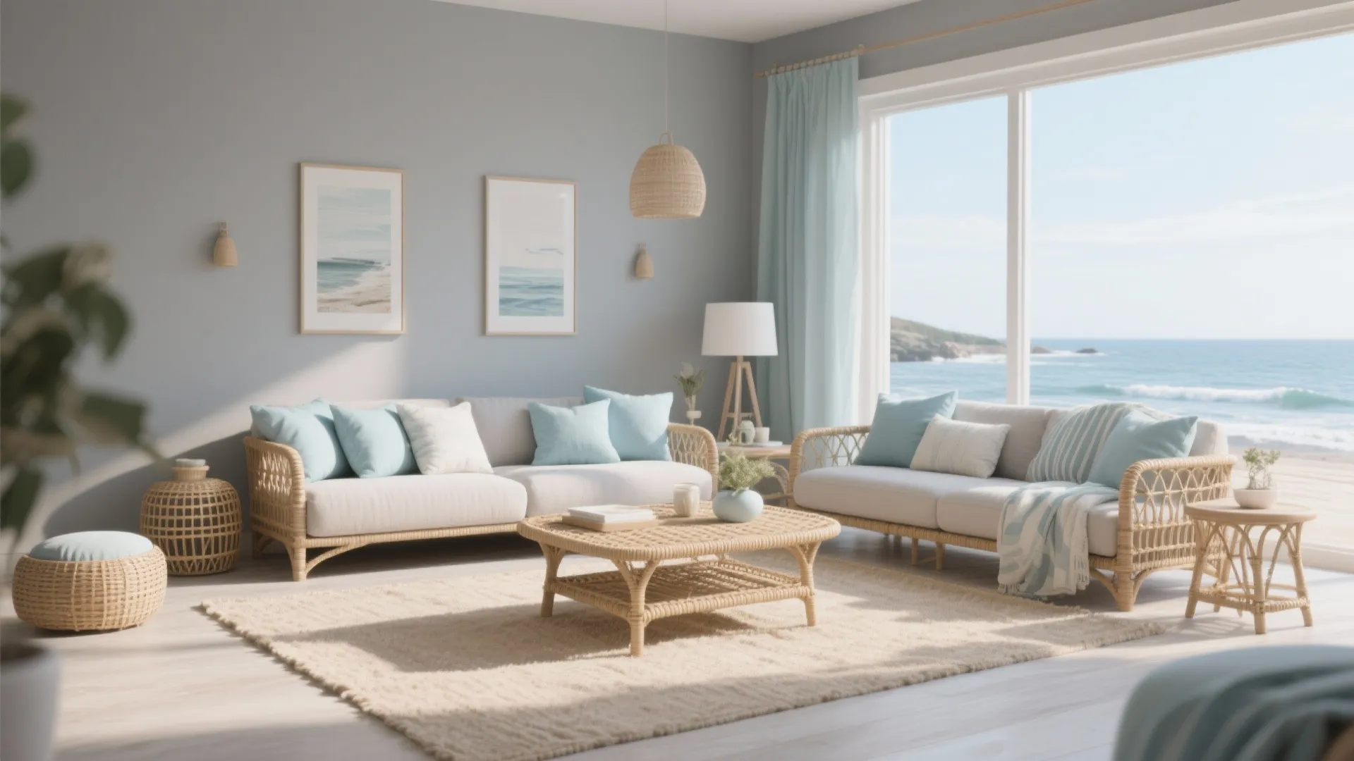 Coastal living room featuring rattan sofas blue pillows and large window with a clear ocean view
