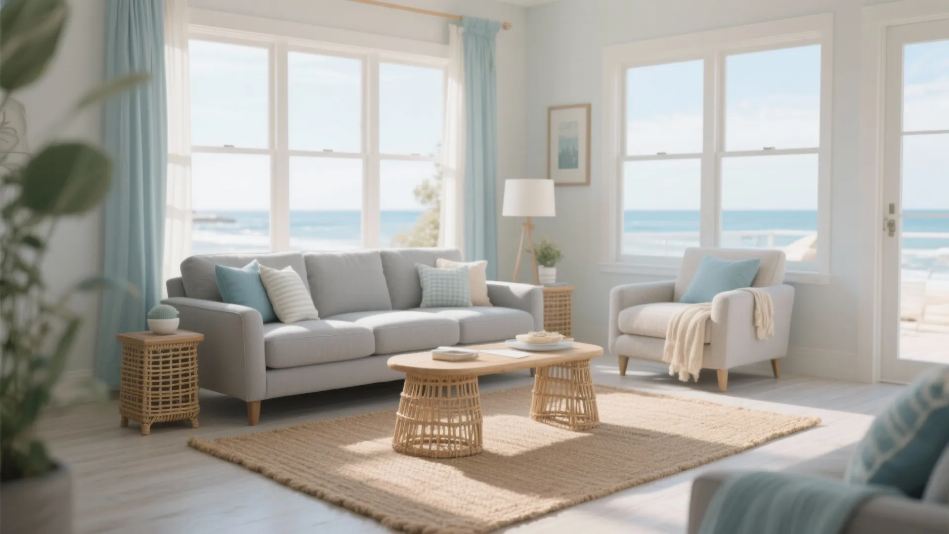 Bright coastal living room with gray sofa blue pillows wooden table and large ocean windows