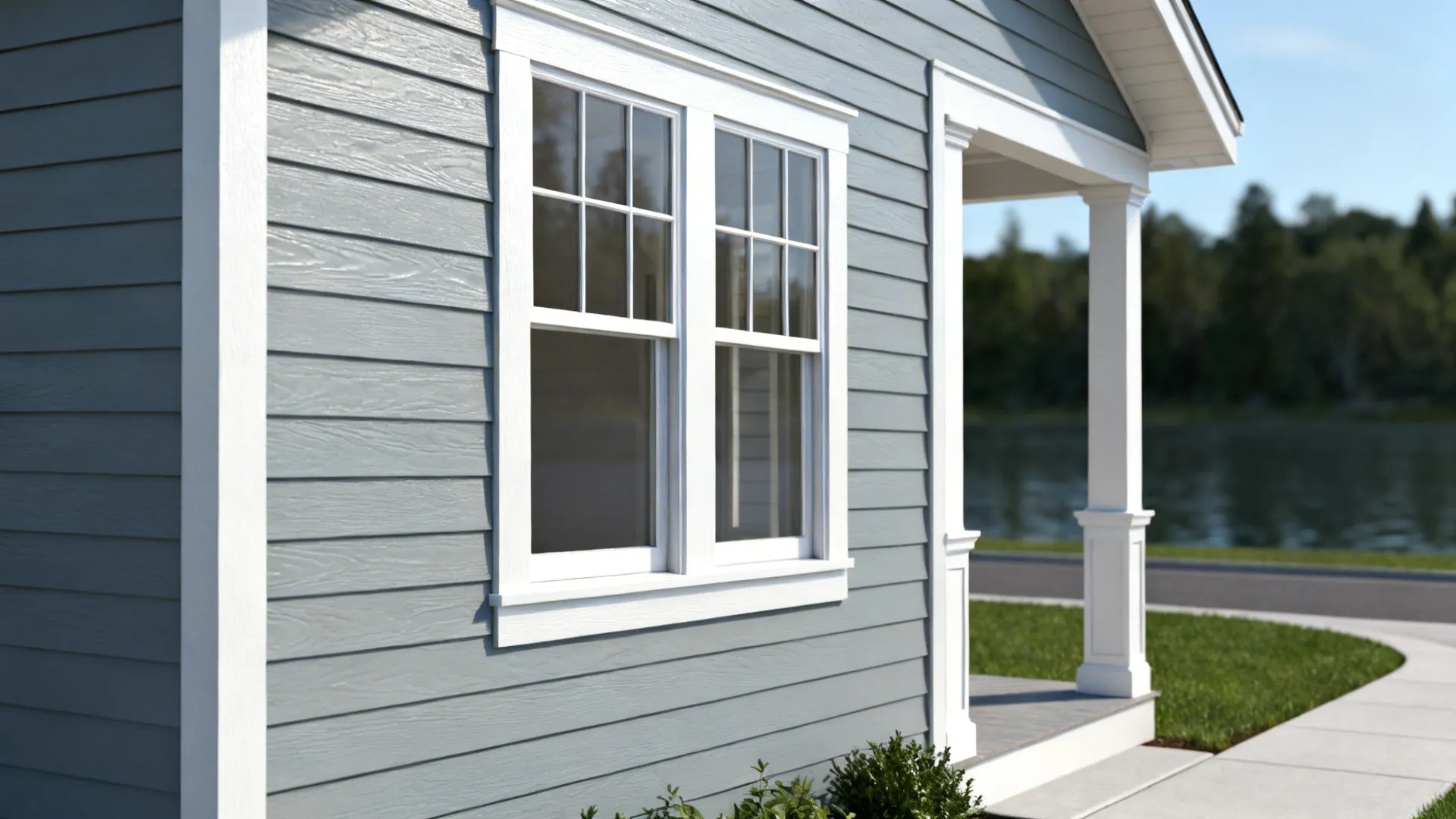 Mobile home with soft coastal gray siding and bright white trim highlighting windows and porch posts.