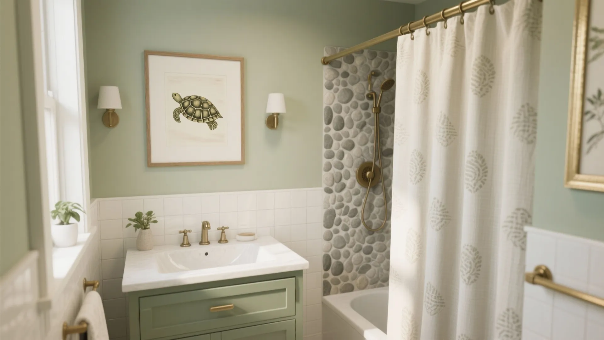 Sage-painted vanity wall with light neutrals, subtle turtle art, brass hardware, and airy small-bath layout.