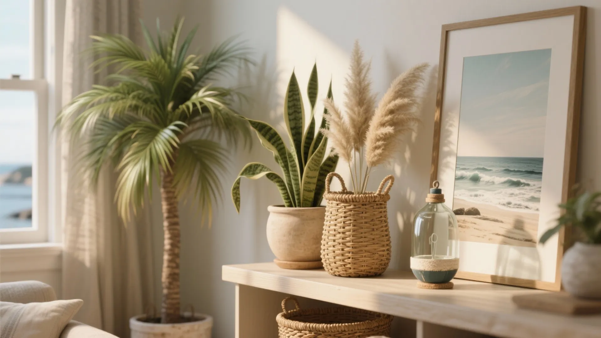 Indoor greenery and seaside accents