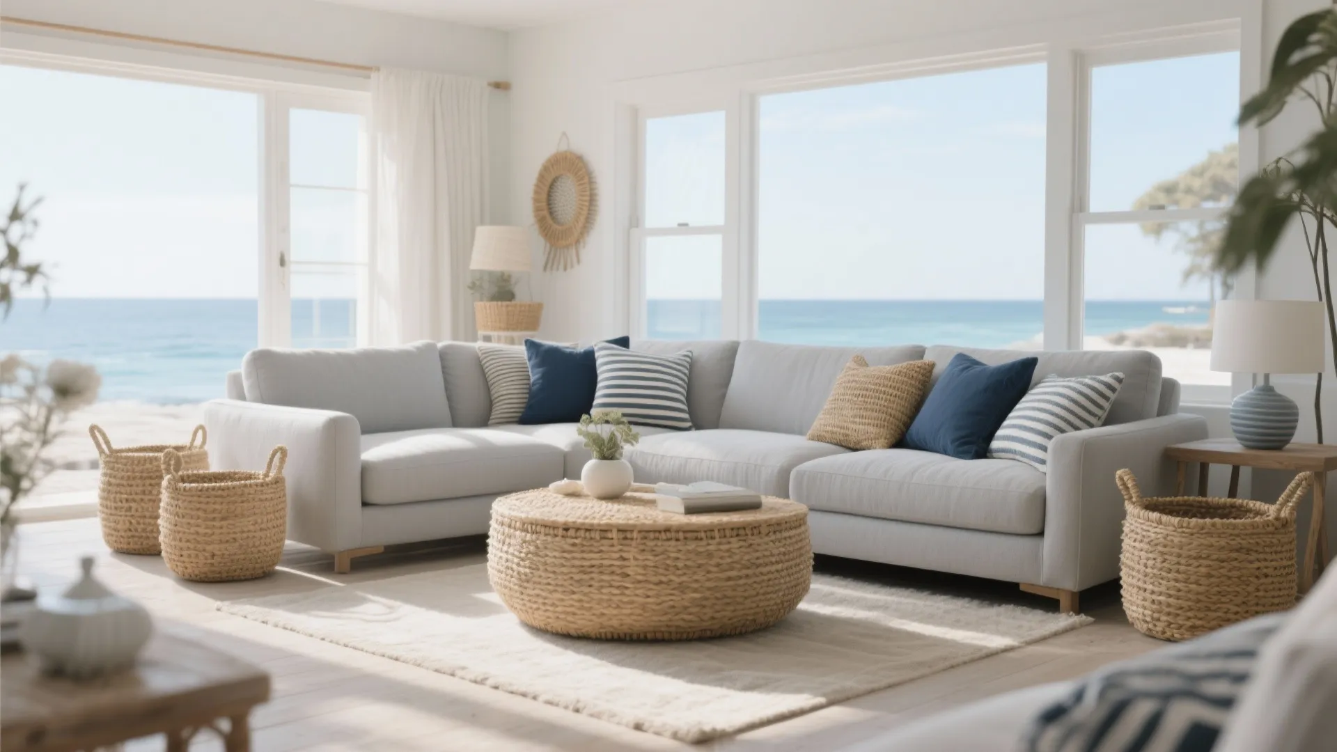 Coastal style living room with grey sofa and natural fiber accents