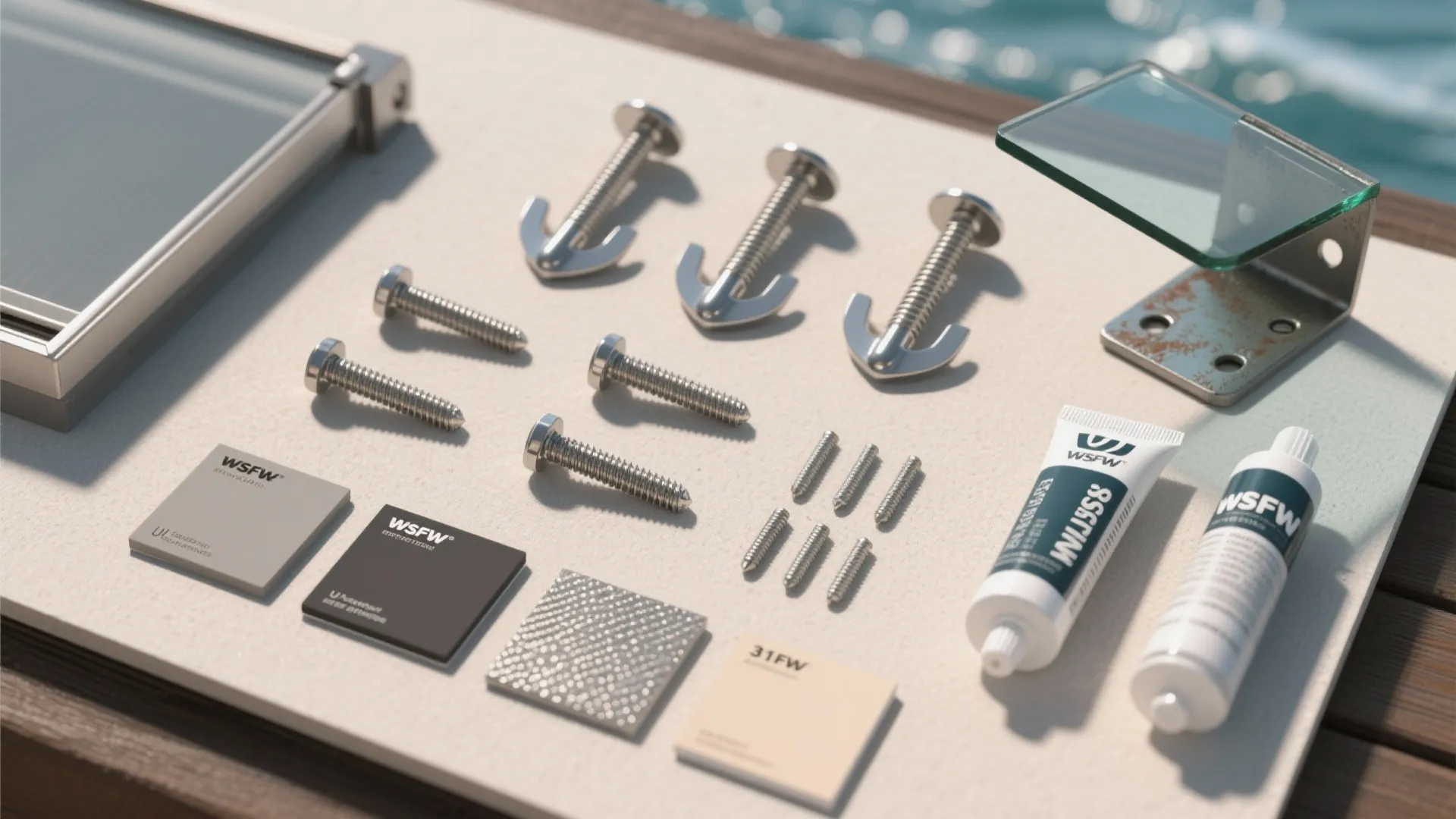 Metal screws, bolts, wall brackets, color samples, and tubes of glue on a white surface