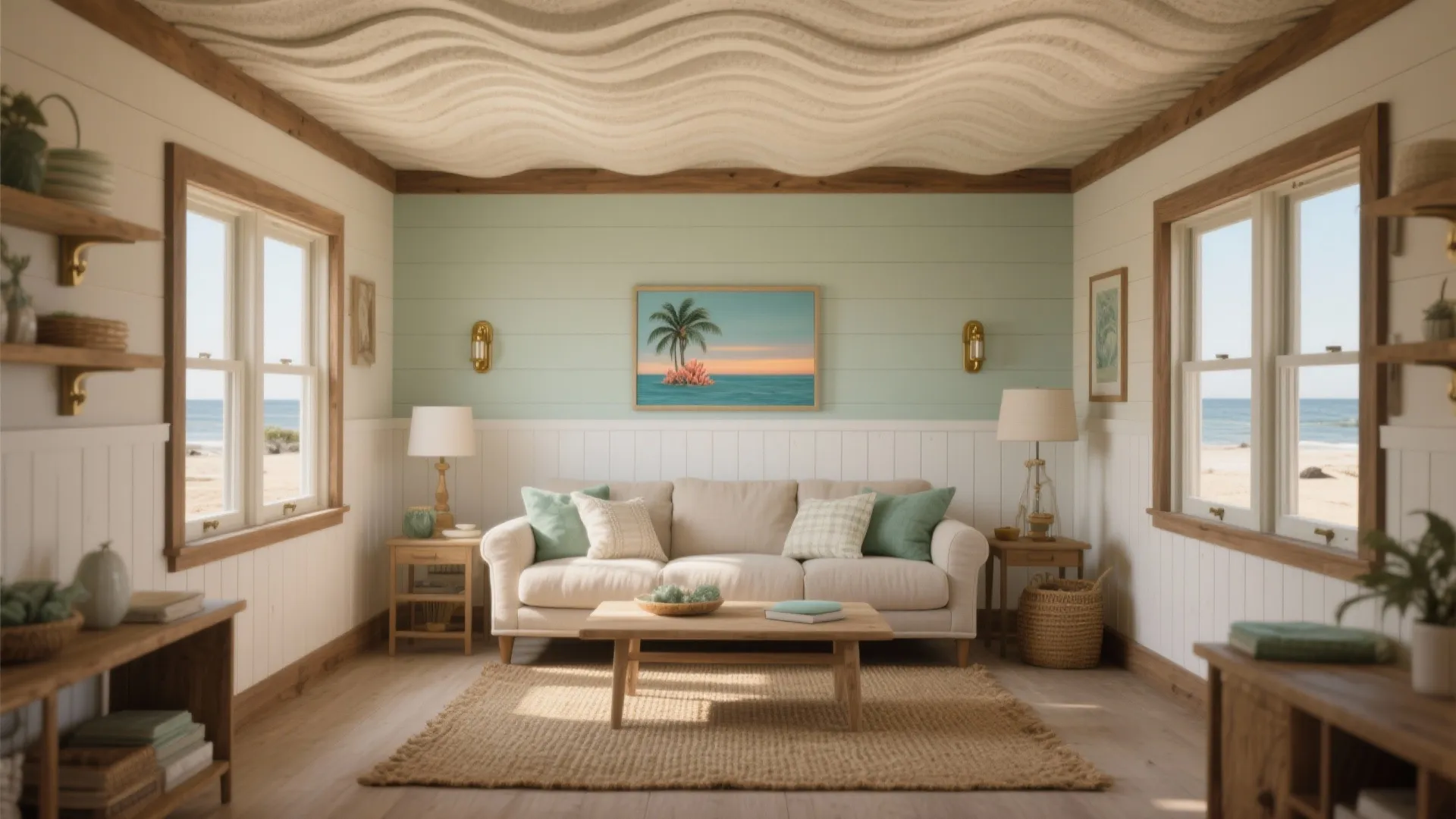Coastal living room with beige sofa, wooden coffee table, rug, and windows showing a beach