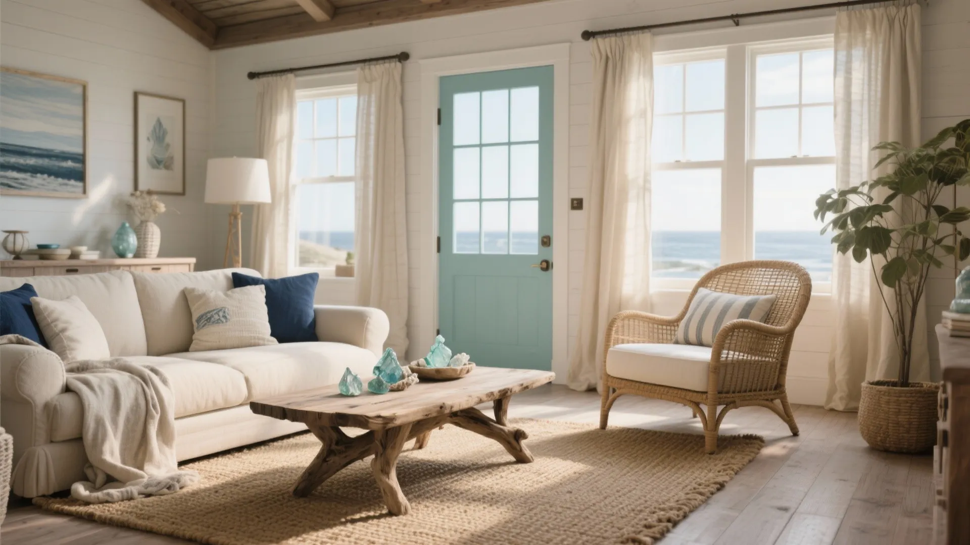 Coastal living room with white sofa light blue door wicker chair and wooden coffee table