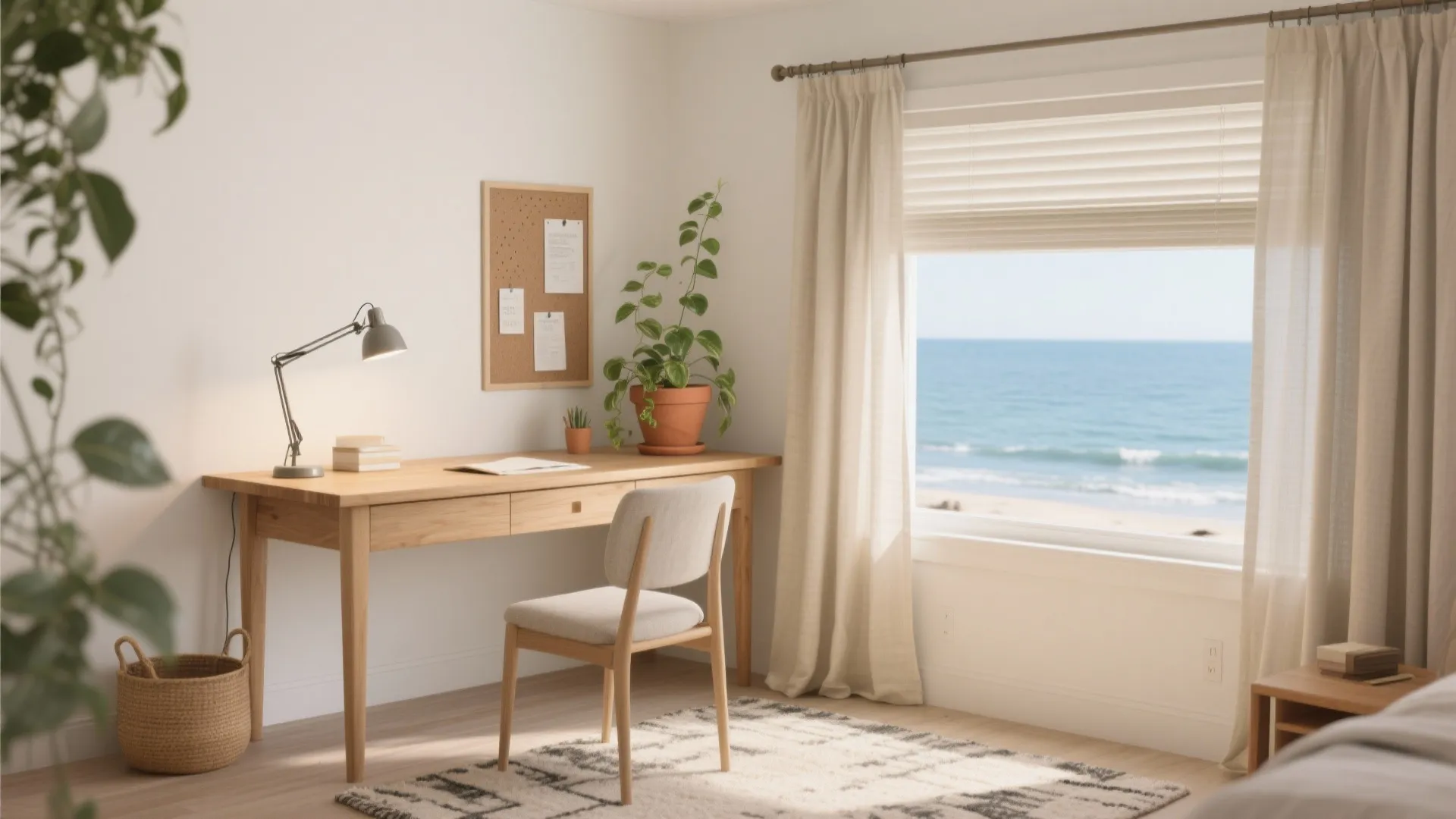 Bright home office with wooden desk and chair by a window overlooking the blue ocean