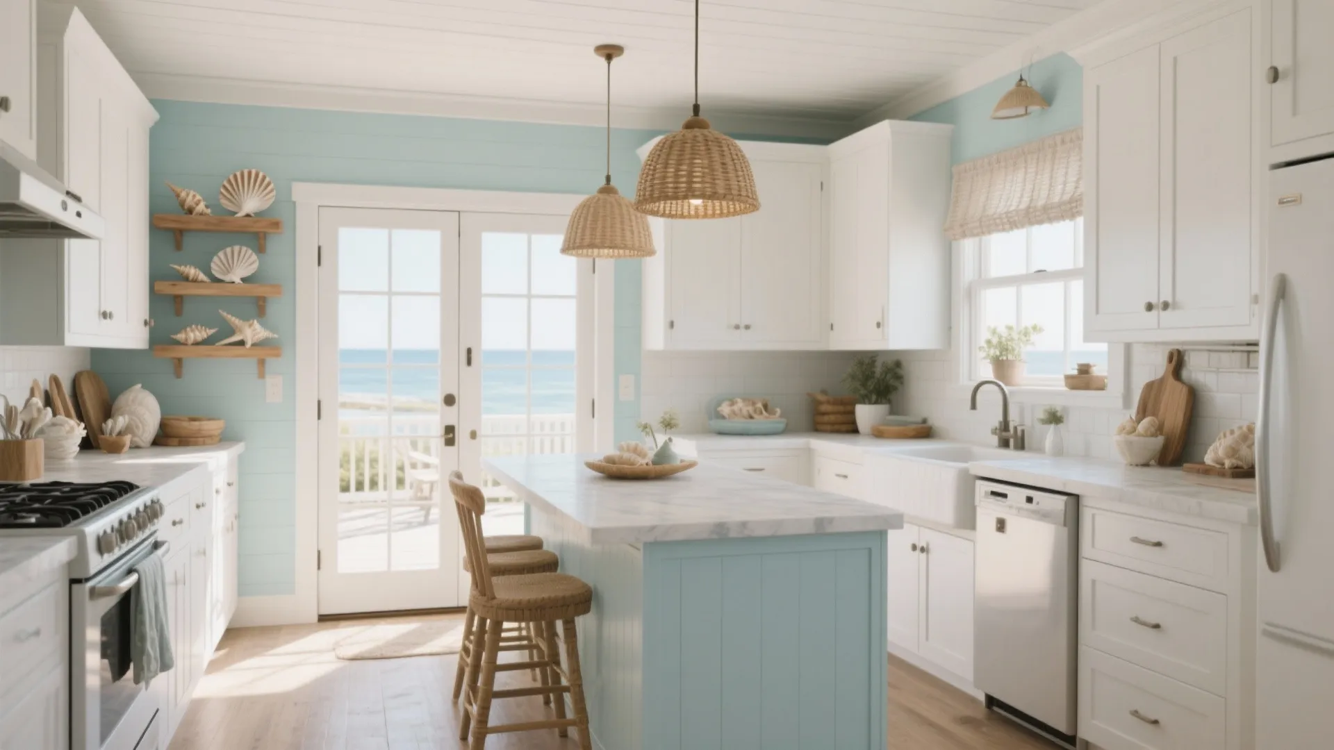Bright beach style kitchen with blue island white cabinets sea view doors and woven ceiling lights