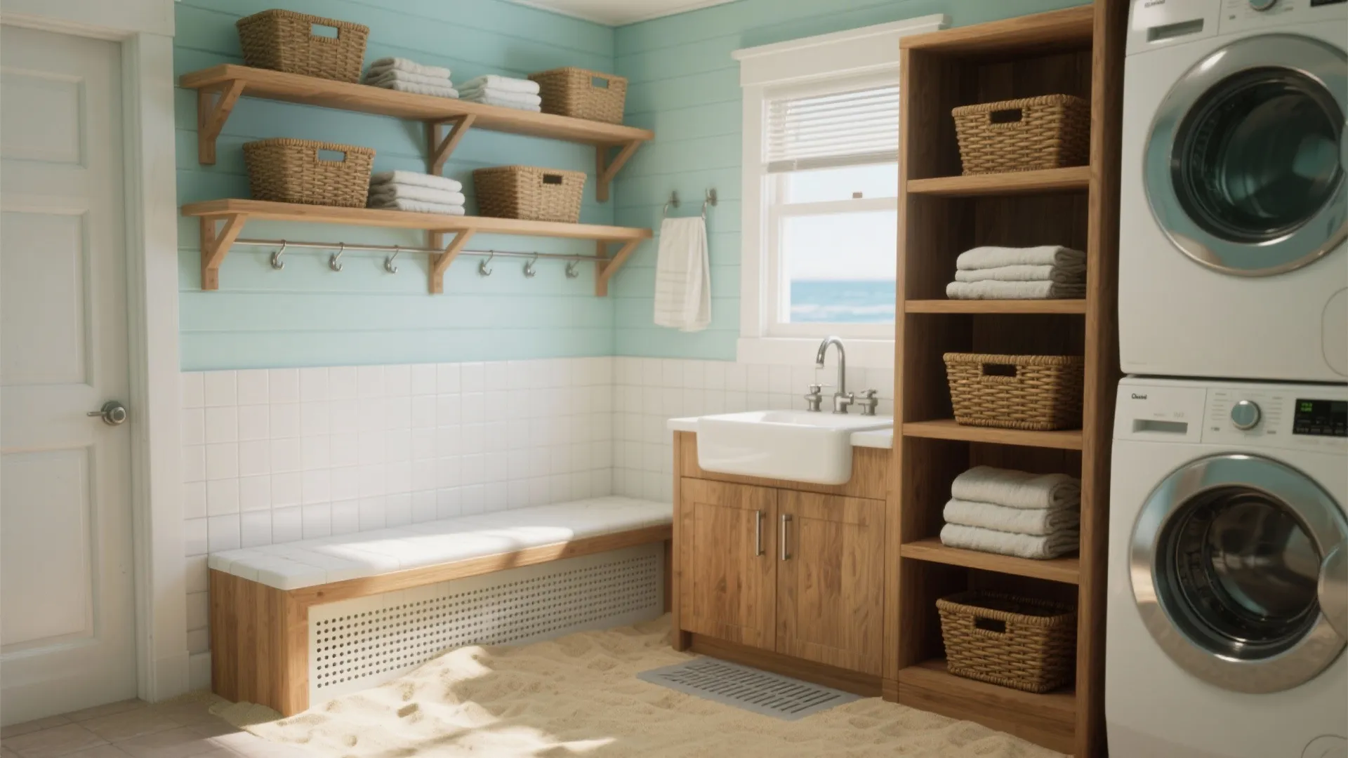 Laundry room interior featuring sand floor, wooden shelves with baskets, sink, and stacked washing machines