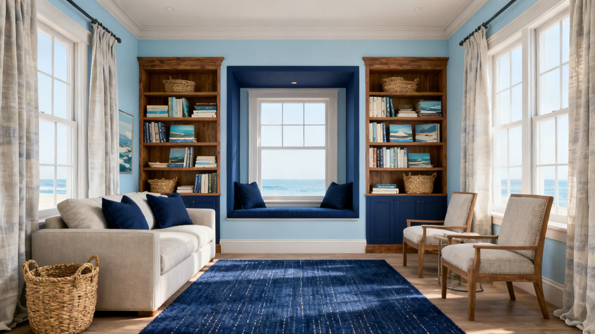 Living room with light blue walls and layered navy accents creating coastal depth