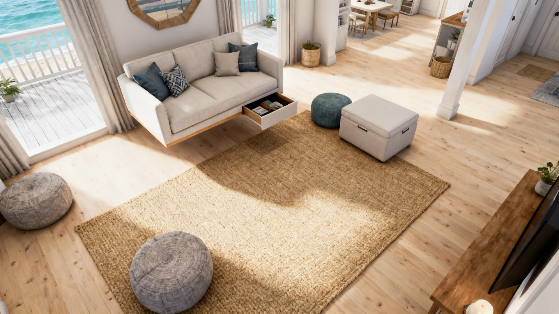 Top-down view of a small coastal living room layout with floated seating and poufs