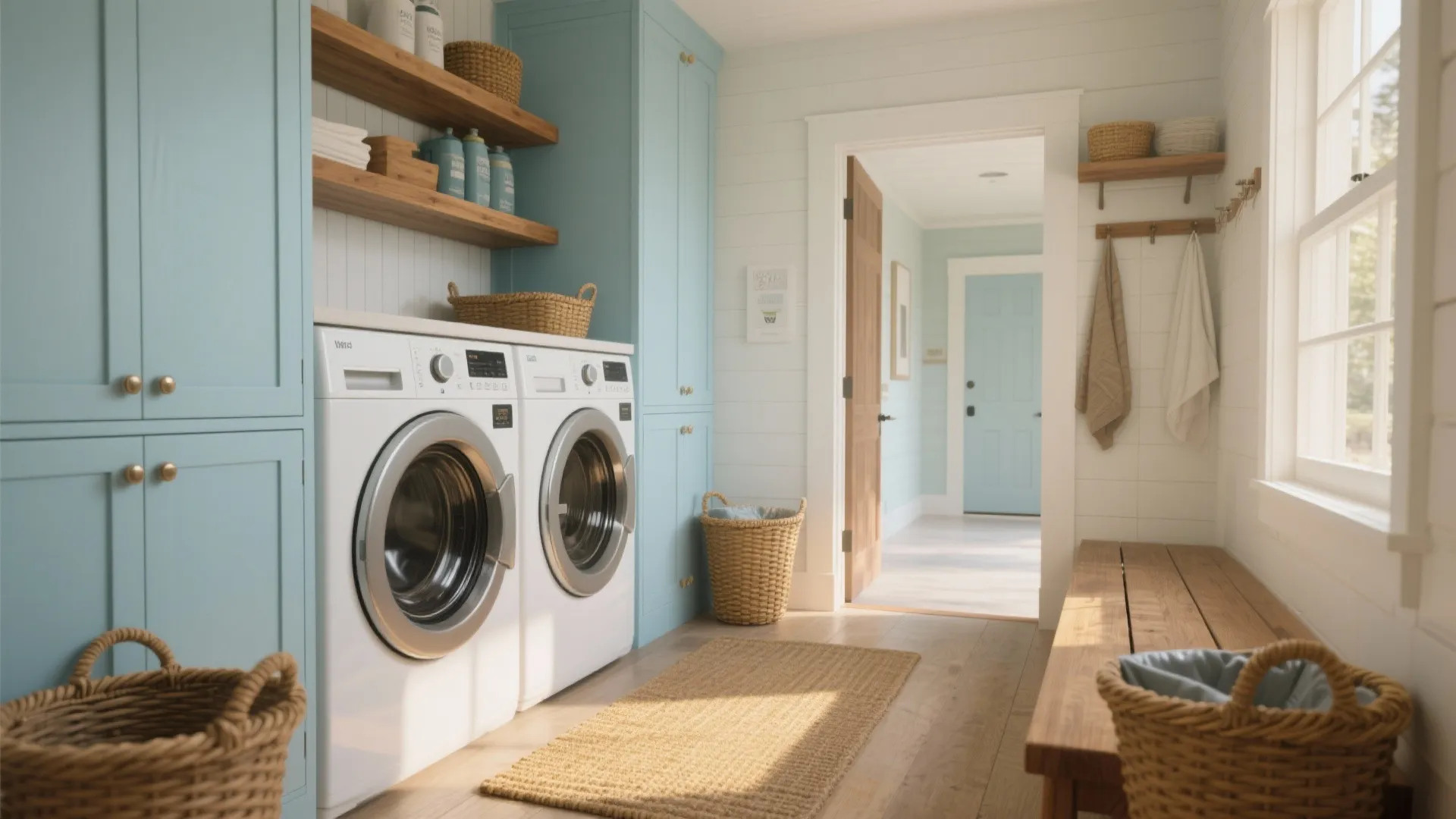 Bright laundry room featuring light blue cabinets wooden shelves two white washing machines and natural light