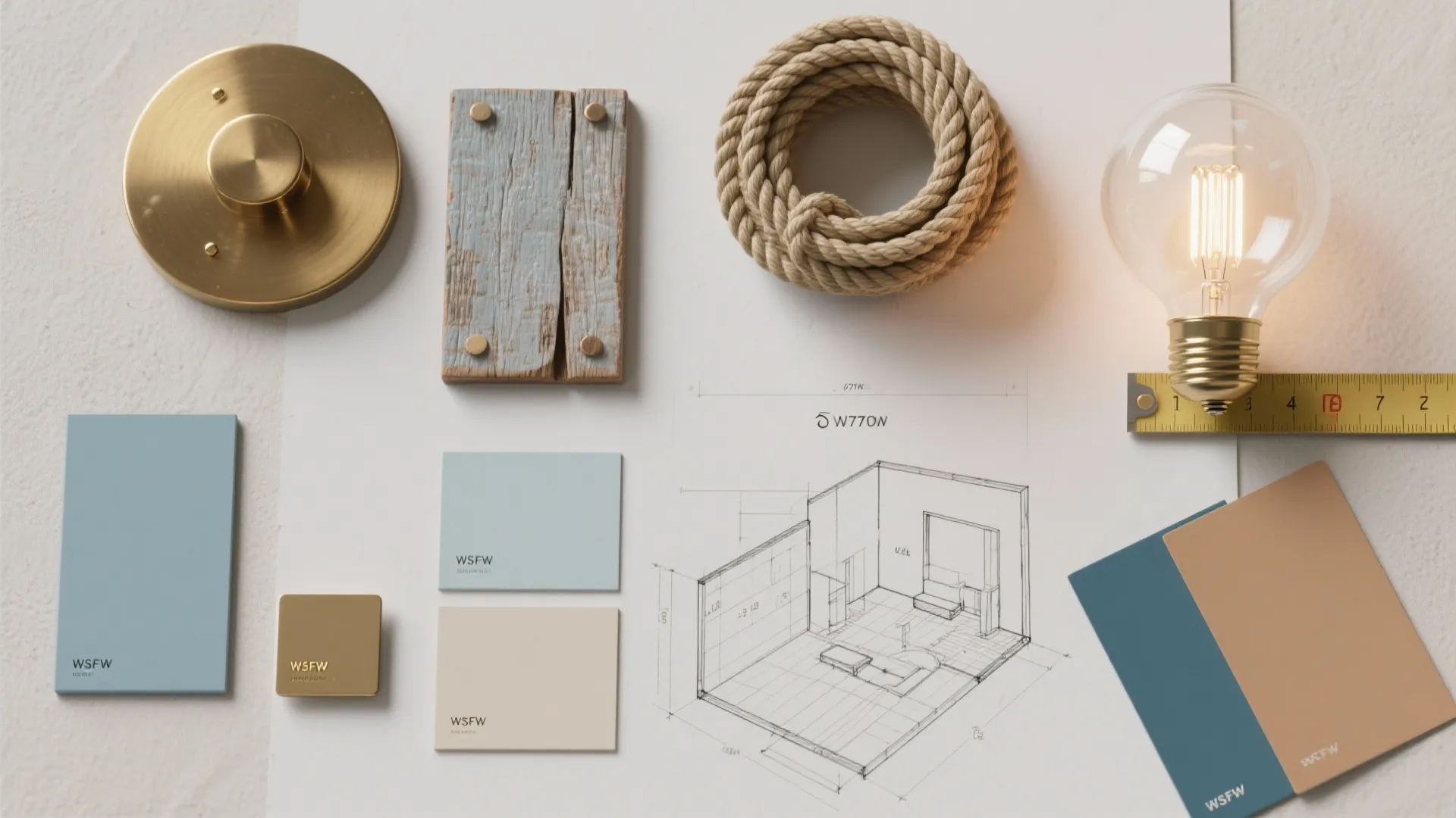 Top-down flatlay of material samples: brass, sealed wood, rope, frosted glass, warm LED bulb and paint chips.