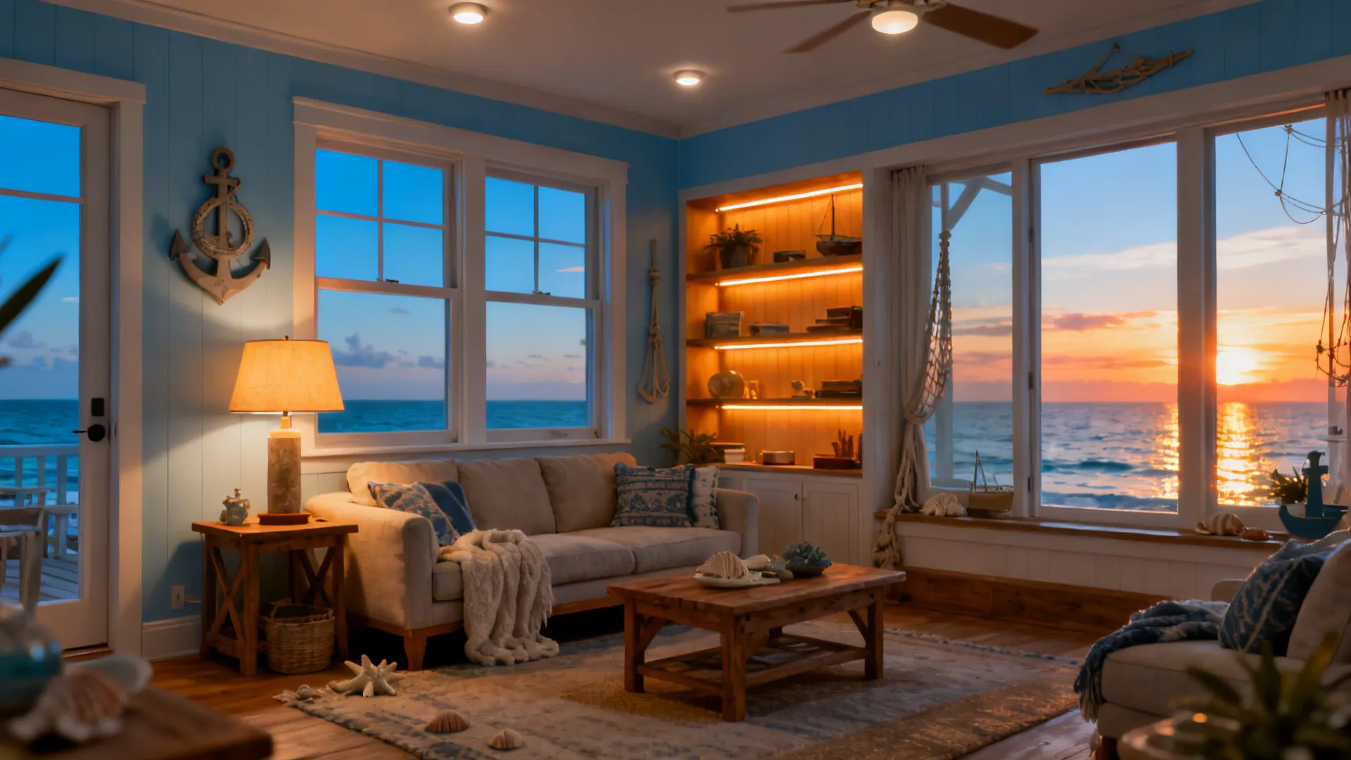 Small living room demonstrating layered lighting: overheads, table lamps, and hidden strip lights for warm evening ambiance