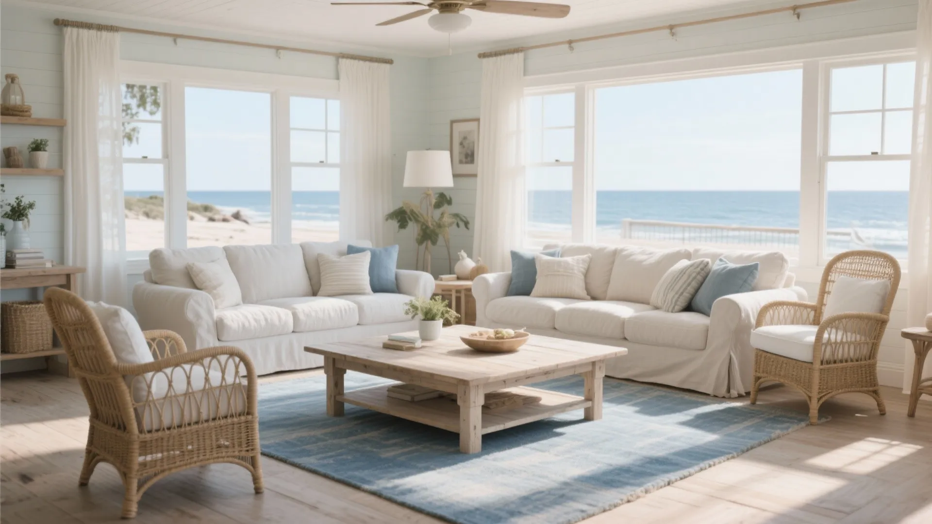 Bright coastal living room with white sofas, blue rug, wooden table, and large beach windows