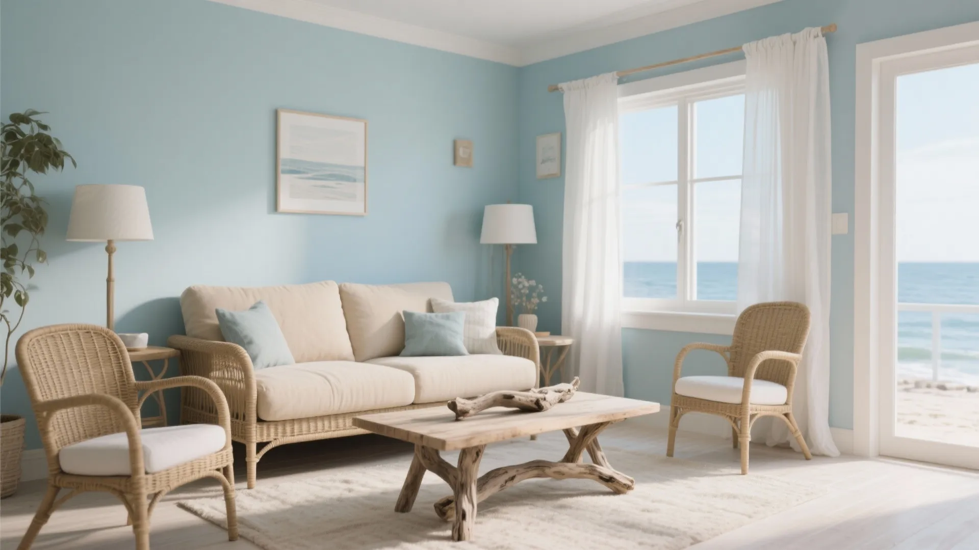 Coastal style living room with light blue walls wicker chairs cream sofa and ocean view windows