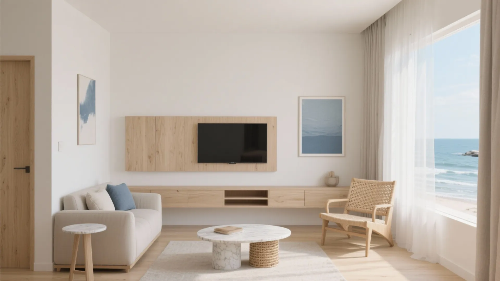 Coastal living room with white sofa, wooden wall cabinet, marble coffee table, and beach view