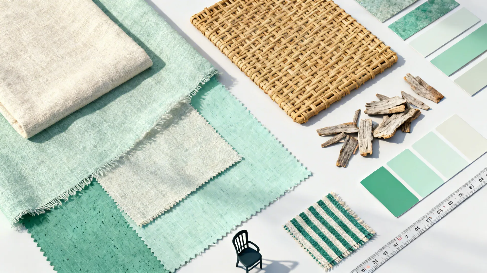 Flatlay of linen, rattan, weathered wood, and paint chips for coastal chair planning