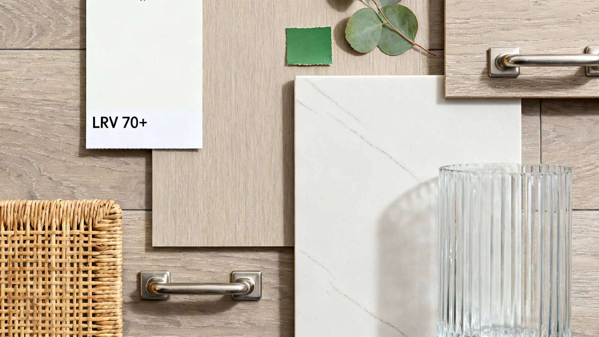 Flatlay of warm white, sandy taupe, eucalyptus chips with porcelain, rattan, and fluted glass samples.