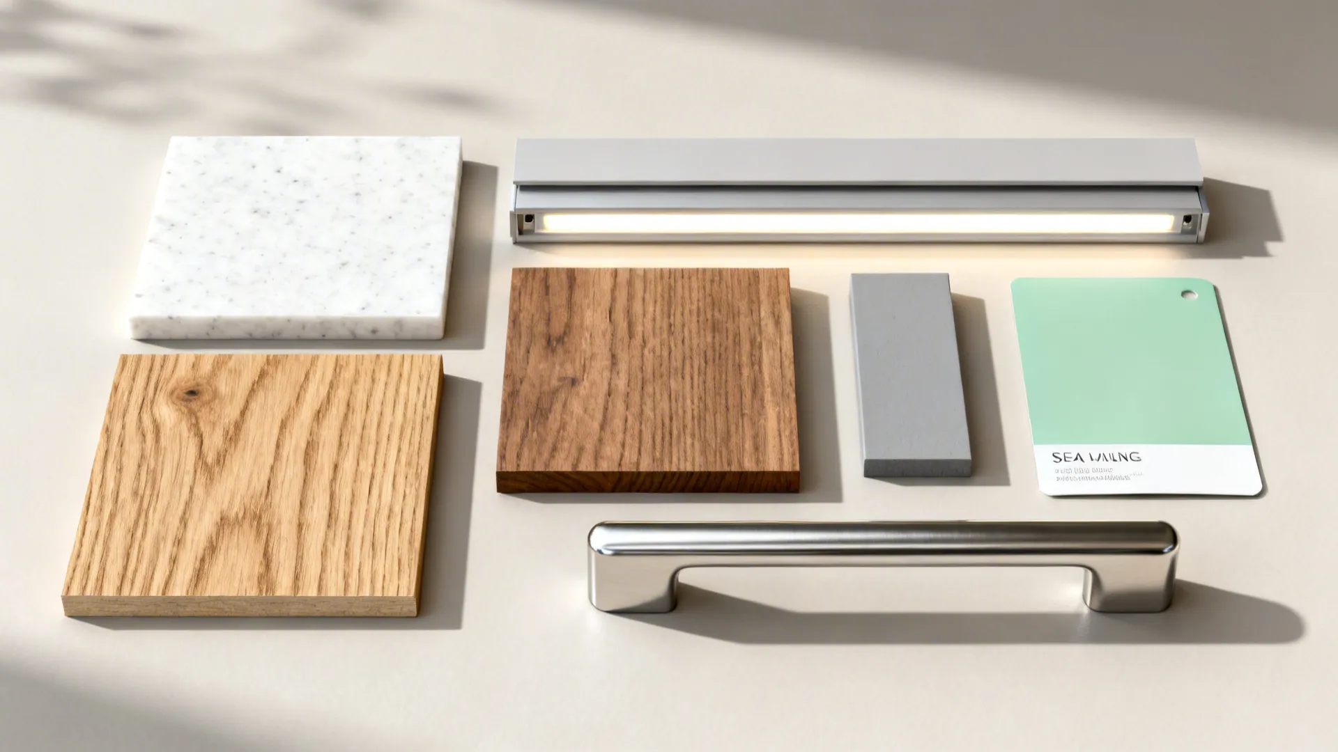 Flat lay of coastal kitchen materials including white quartz, oak veneer, soft grey and sea-glass green samples.