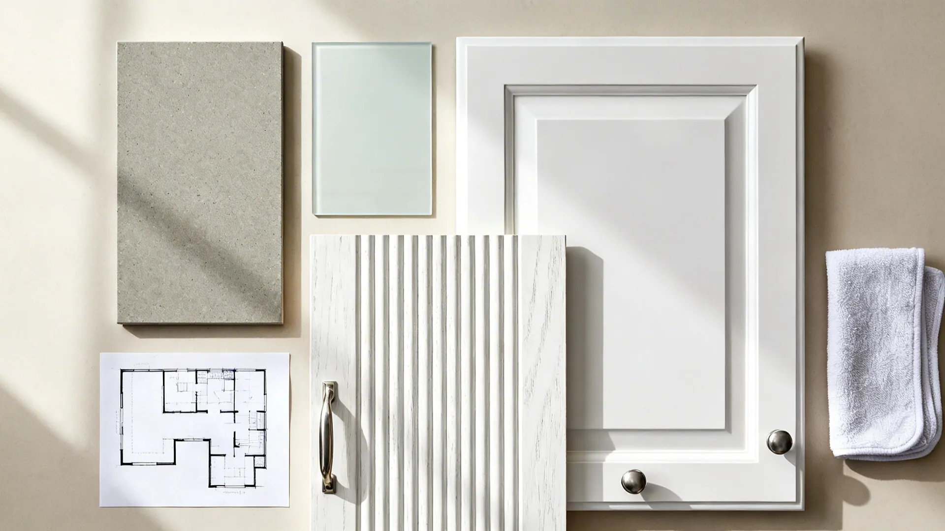 Flat lay of quartz, glass, white cabinet, ribbed oak, and stainless hardware in a coastal palette.