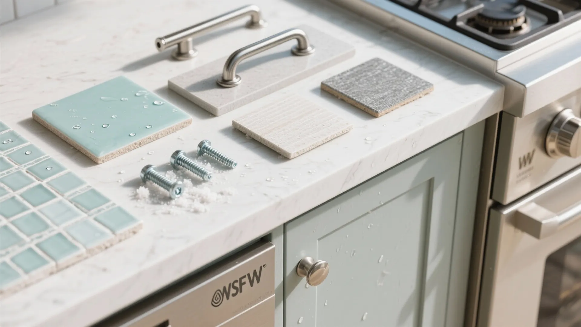 Top-down flatlay of marine-grade stainless, composite countertop and sealed cabinetry samples