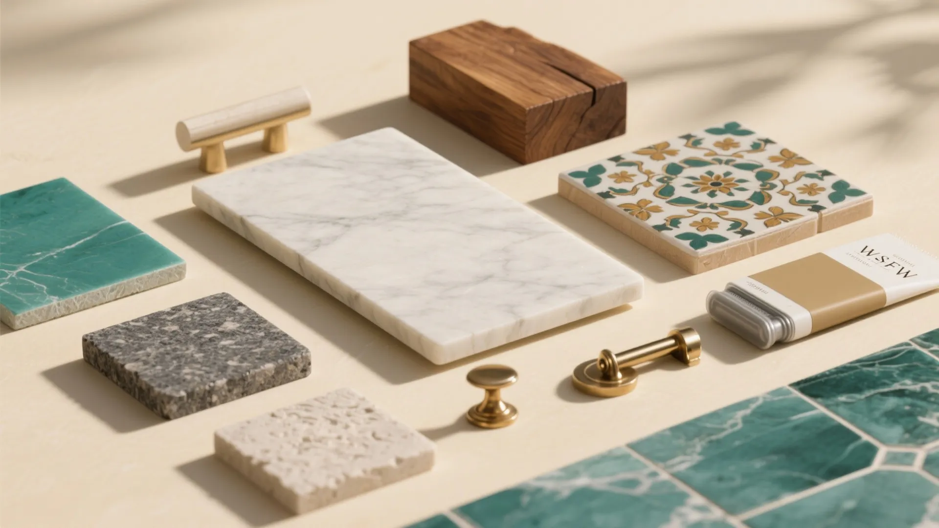 Flatlay of marble, granite, teak, Athangudi tile, and PVD-coated hardware for a Chennai luxury home.