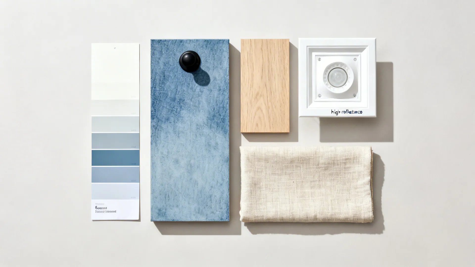 Top-down palette: off-white and textured denim-blue with oak, linen, and black hardware.