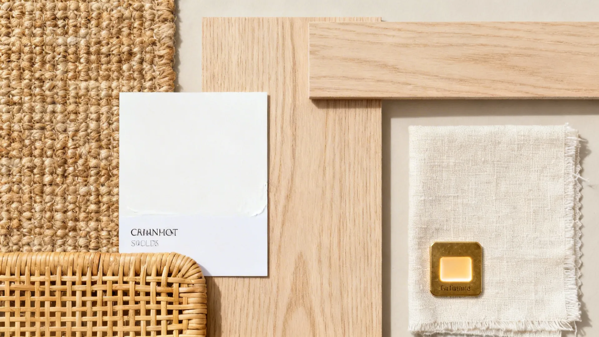 Interior design material board with wood samples woven rug white paint fabric and light fixture