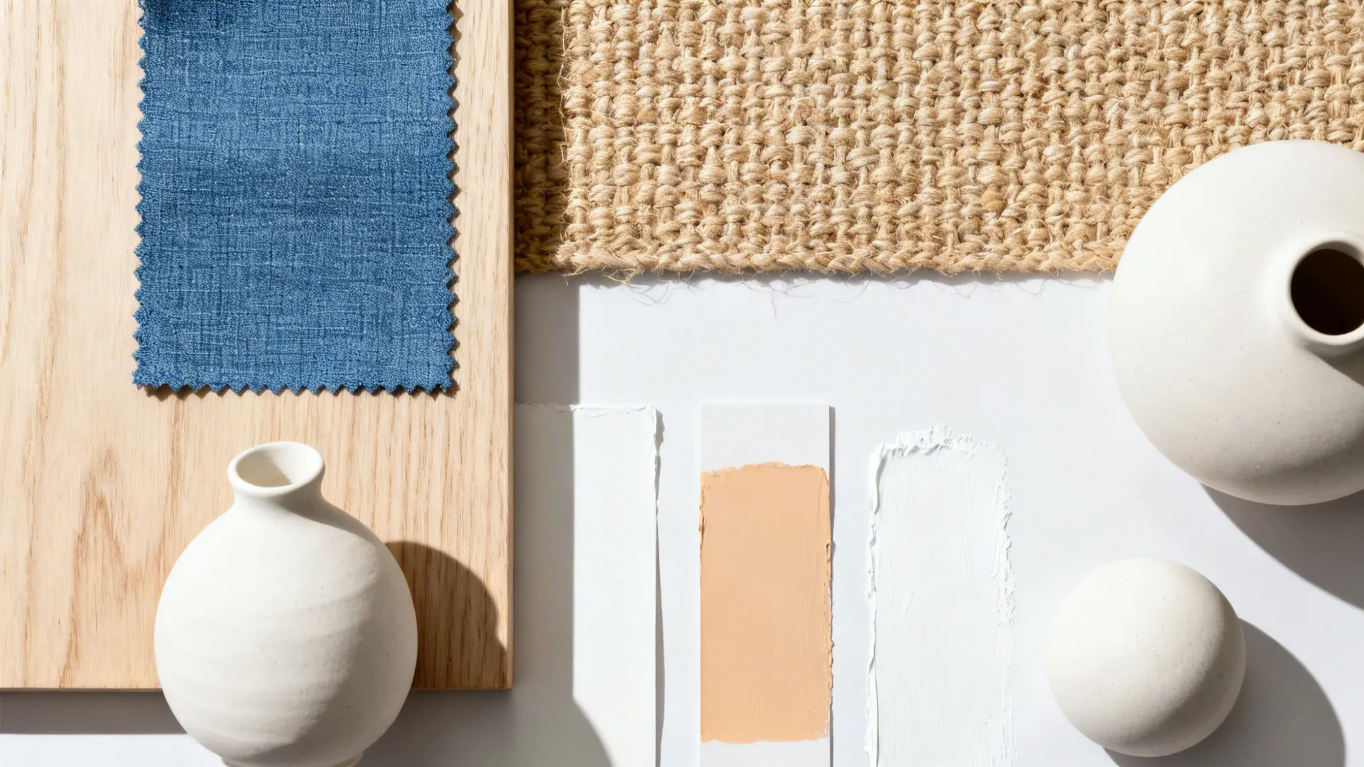 Top-down flat lay of mid-blue linen, jute, pale oak, and warm white paint chips.
