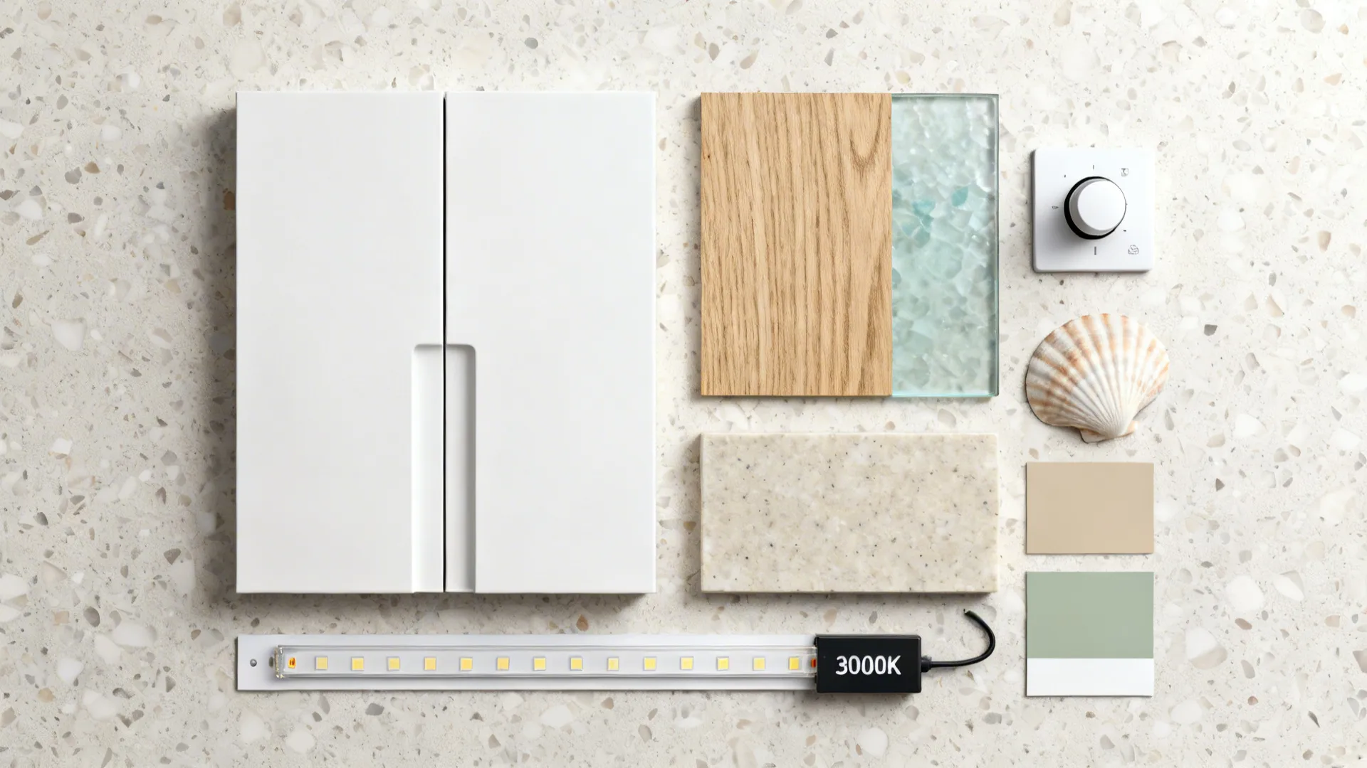Flat lay of matte white cabinet, oak veneer, sea-glass, quartz, LED strip, and neutral paint chips.