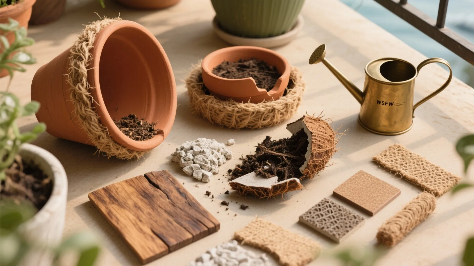 Flatlay of terracotta, coir liner, weathered teak, fiber planter, and soil mix for coastal balconies.
