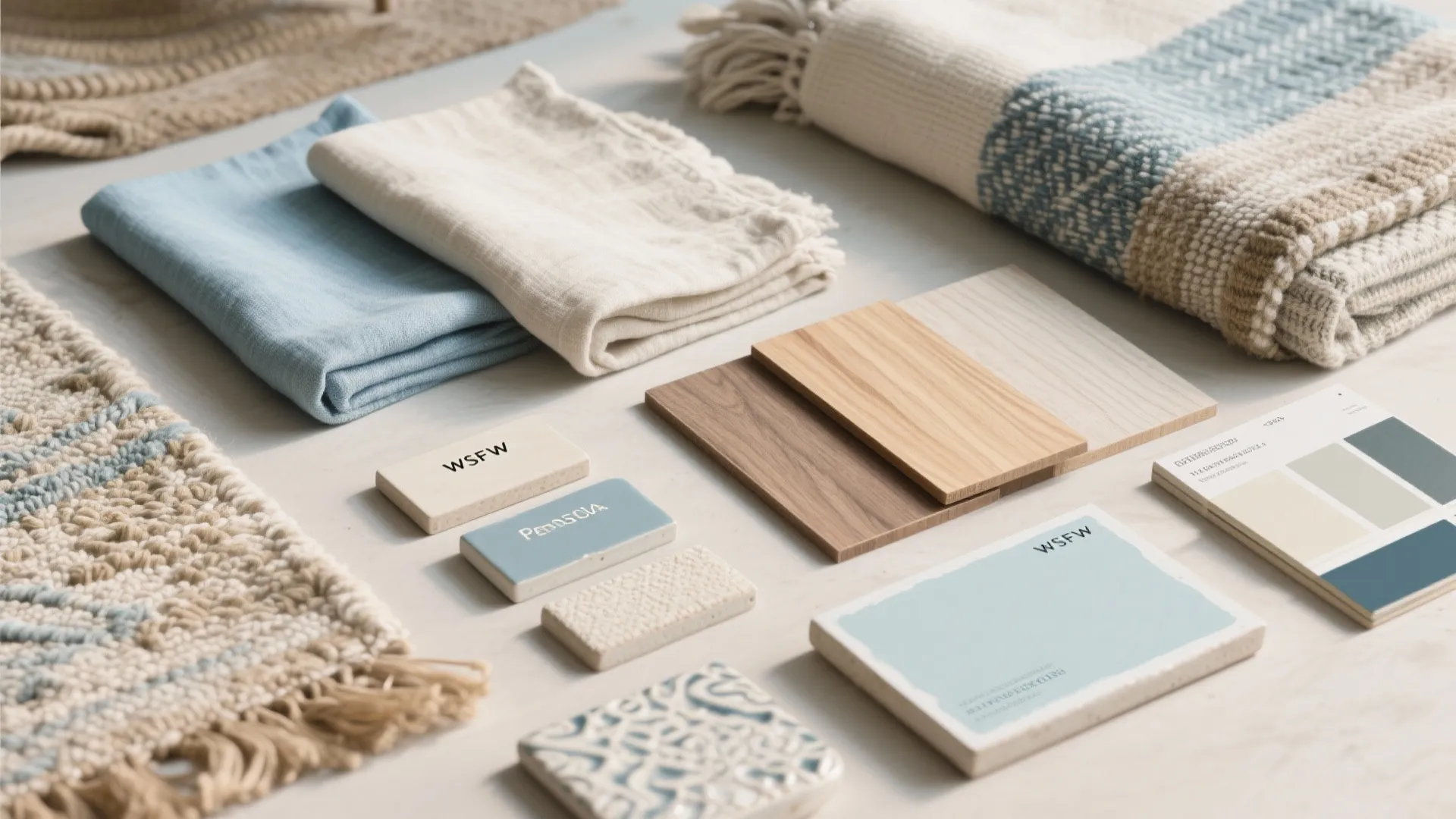 Flatlay of linen swatches, wood samples, and textured fabrics in a coastal palette